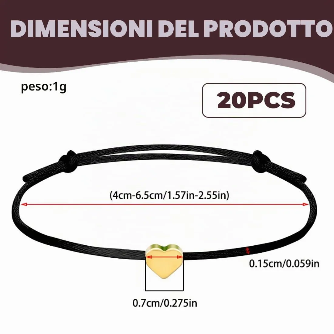 FHRYNA 20 Braccialetti dell'amicizia a cuore d'oro regolabili 16-25 cm - immagine 2