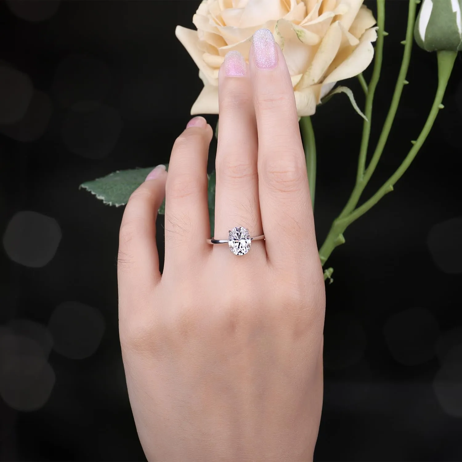 JewelryPalace Classico Anello Solitario Donna, placcato oro bianco 14K con Zirconia Cubica 2ct taglio ovale, misura 19.5 - immagine 5