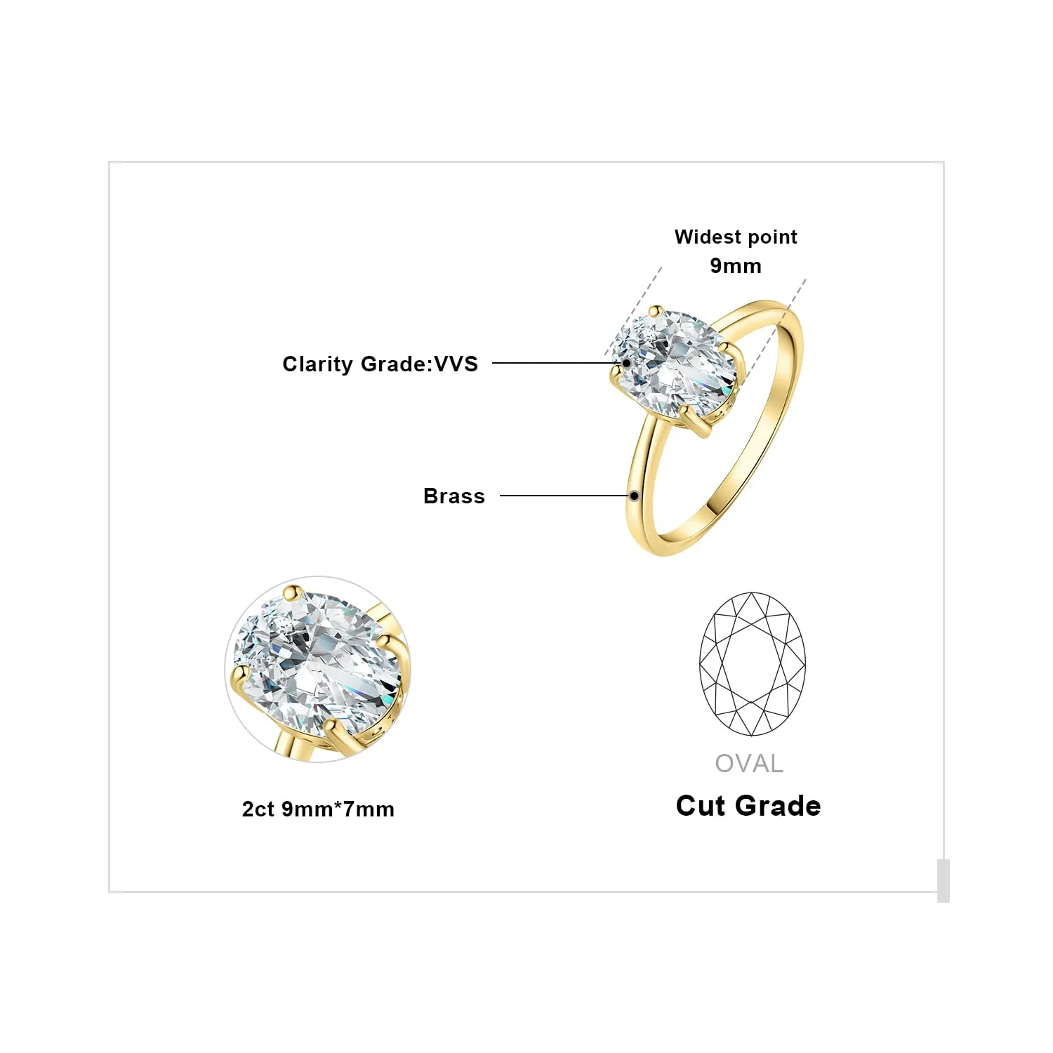 JewelryPalace Classico Anello Solitario Donna, Placcato Oro Giallo 14K, Zirconia Cubica 2ct Taglio Ovale, Misura 19.5 - immagine 2