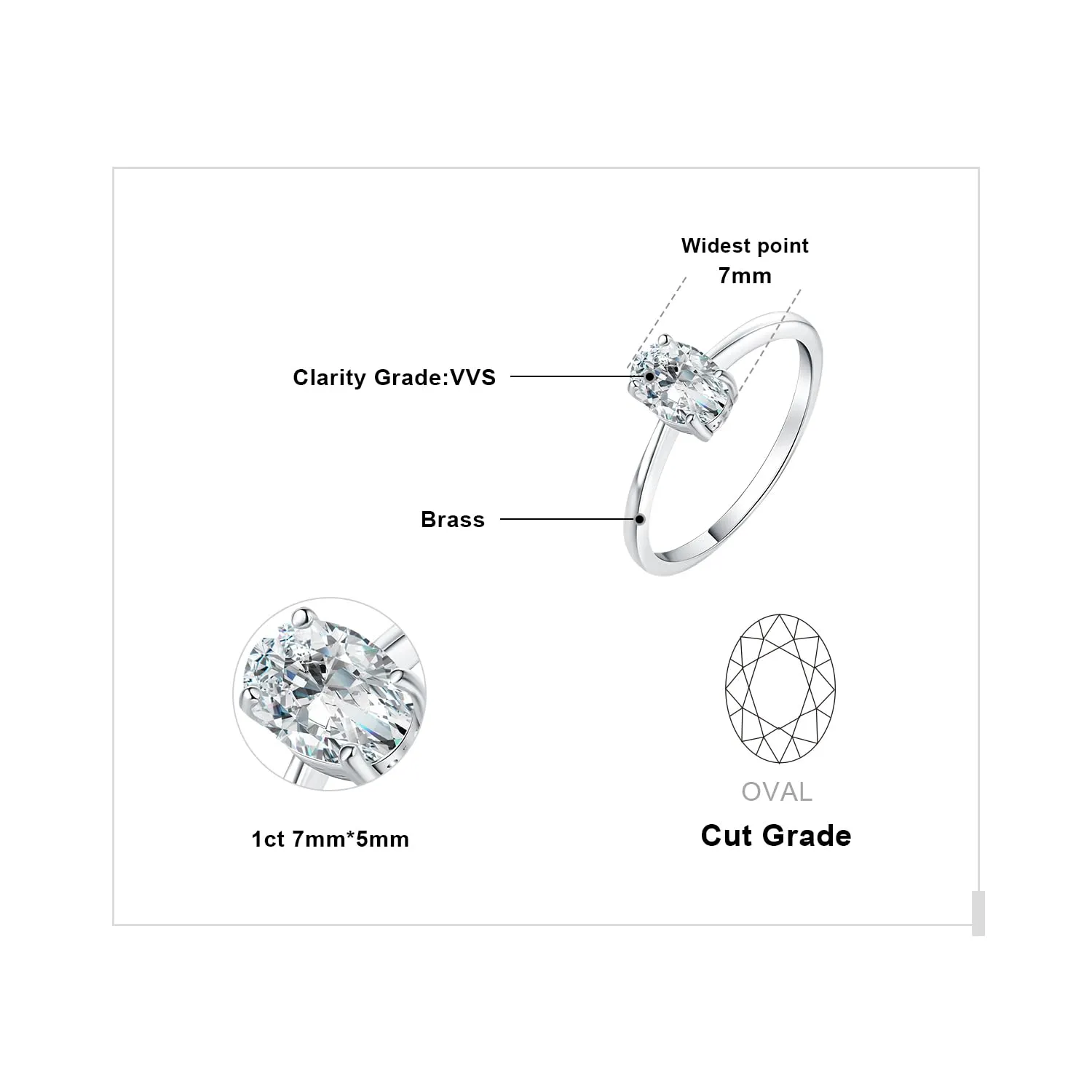 JewelryPalace Classico Anello Solitario Donna in Oro Bianco 14K con Zirconia Cubica 1ct Taglio Ovale, Misura 16 - immagine 2