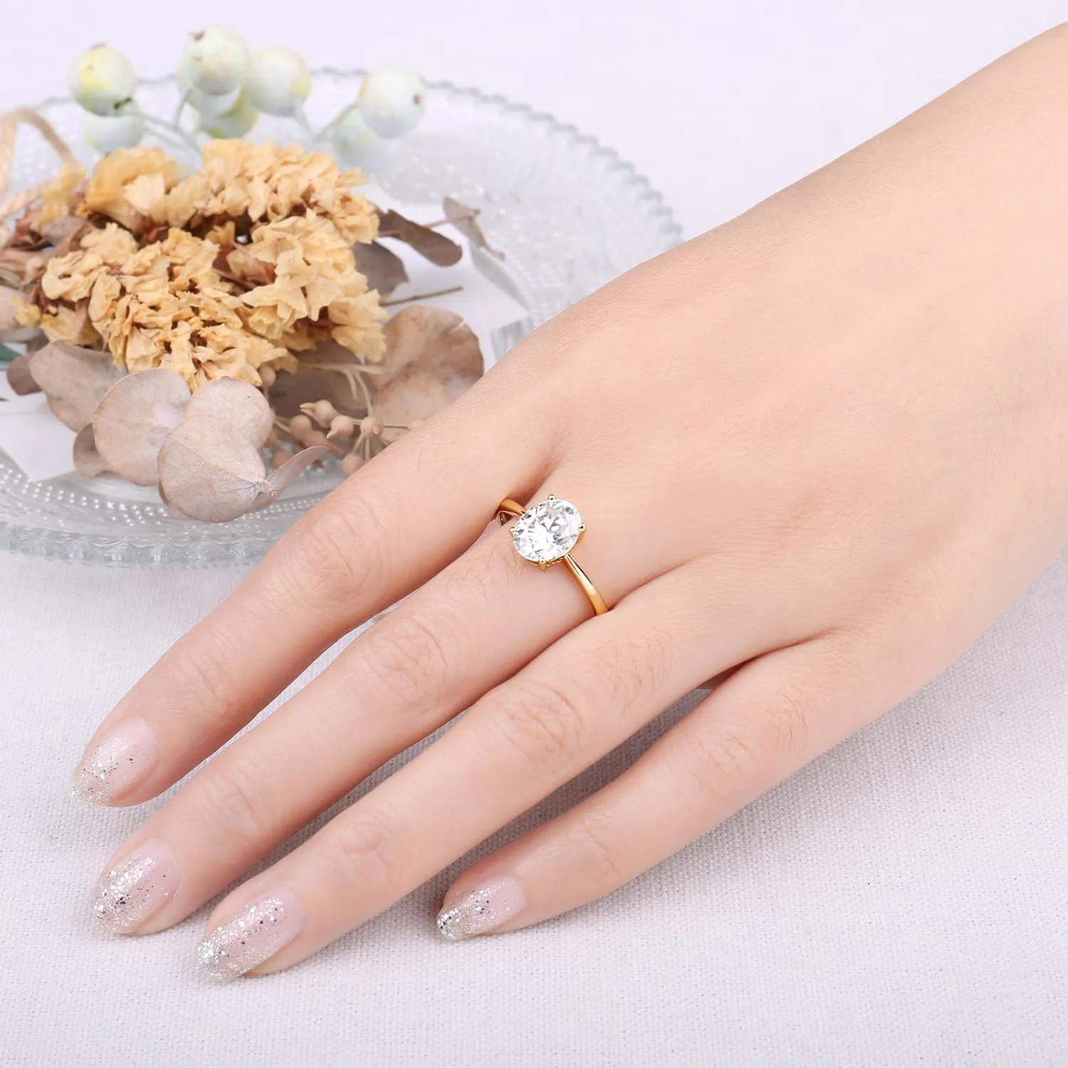 JewelryPalace Classico Anello Solitario Donna 2ct Cubica Zirconia Taglio Ovale Placcato Oro Giallo 14K, Taglia 14.5 - immagine 4