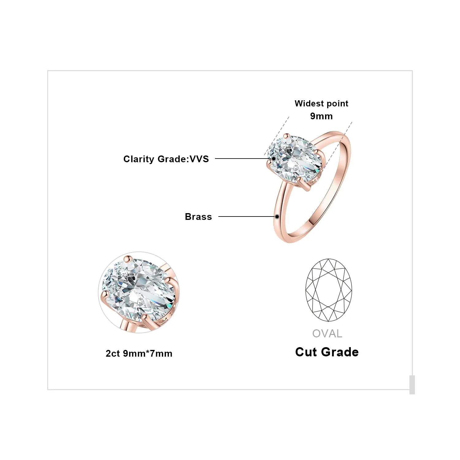 JewelryPalace Classico Anello Solitario Donna, 2ct Zirconia Cubica Taglio Ovale, Placcato Oro Rosa 14K, Misura 14.5 - immagine 2