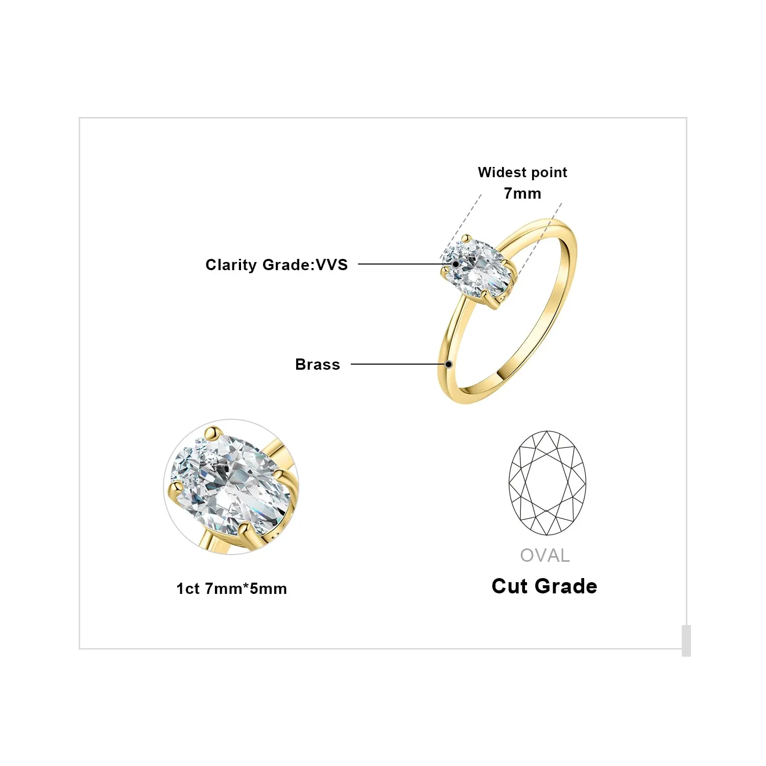 JewelryPalace Classico Anello Solitario Donna, Placcato Oro Giallo 14K con Zirconia Cubica 1ct Taglio Ovale, Misura 7 - immagine 2