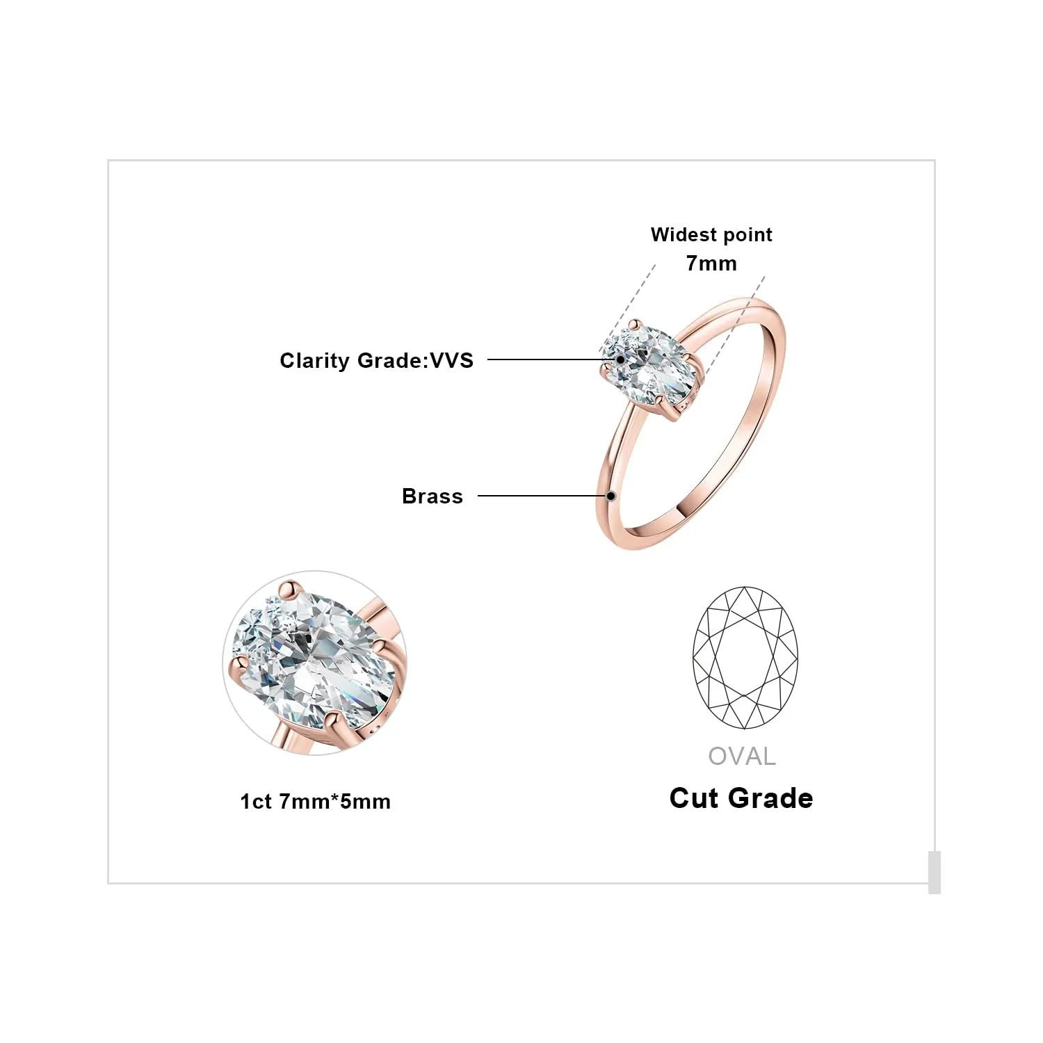 JewelryPalace Classico Anello Solitario Donna Placcato Oro Rosa 14K con Zirconia Cubica 1ct Taglio Ovale, Misura 14.5 - immagine 2