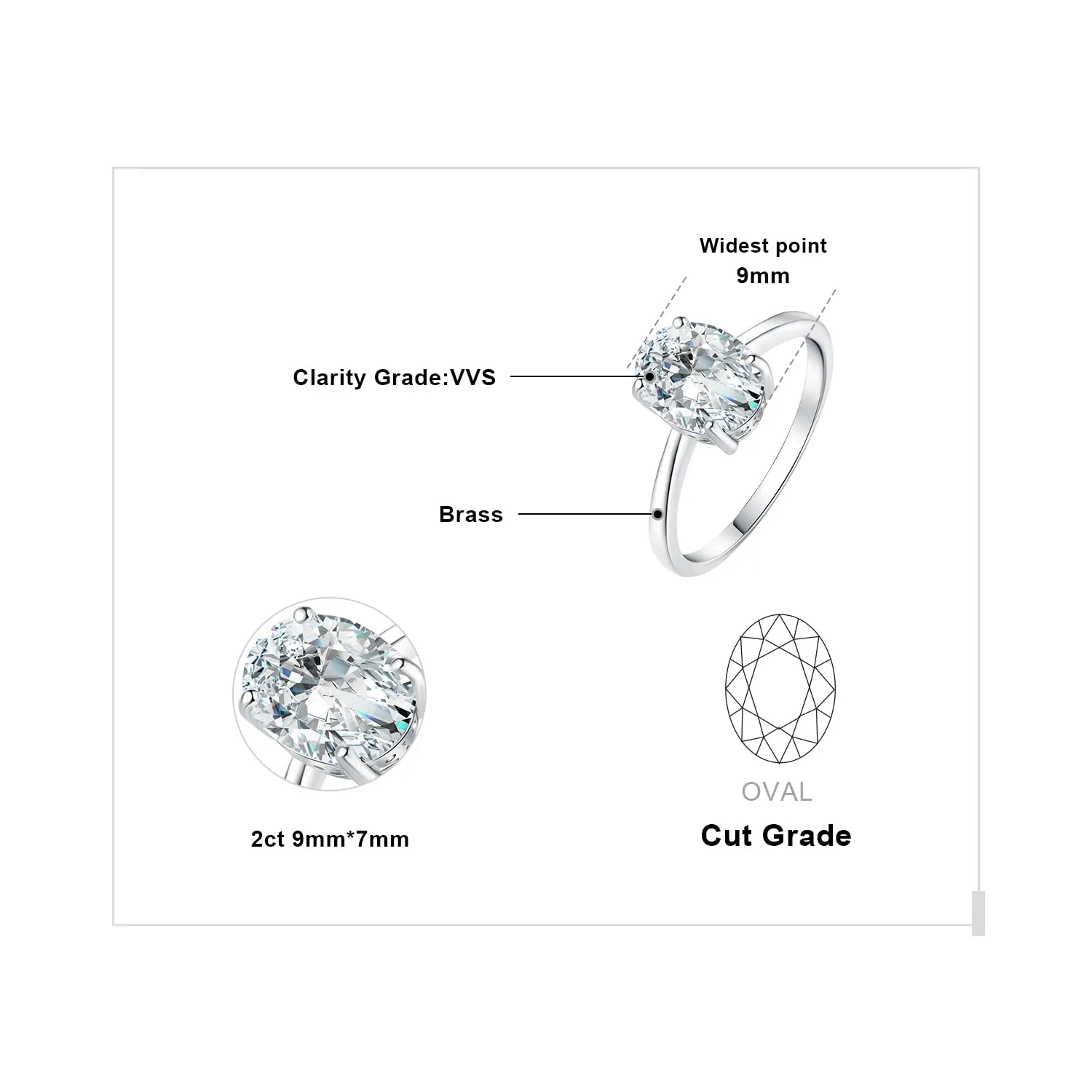 JewelryPalace Classico Anello Solitario Donna in Oro Bianco 14K con Moissanite 2ct Taglio Ovale, Misura 11.5 - immagine 2