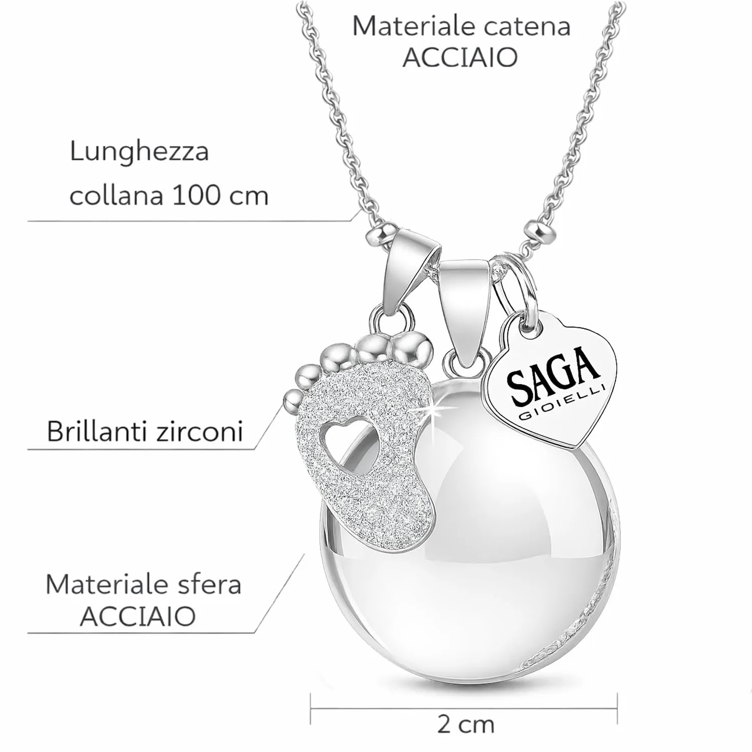 Saga Gioielli Collana Chiama Angeli Gravidanza Lunga con Ciondolo Piedino Cristalli - immagine 5