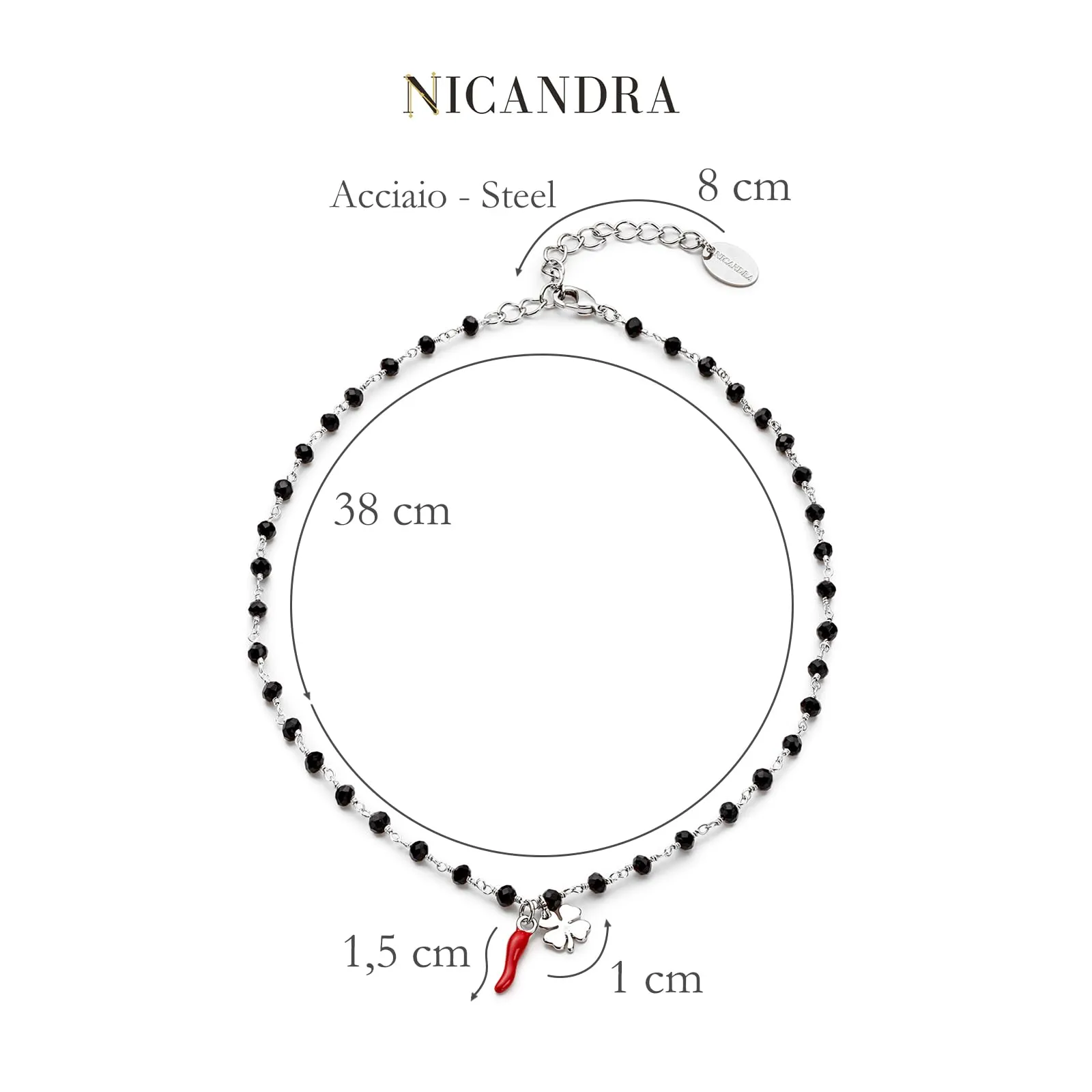 NICANDRA Collana Girocollo con Cornetto e Quadrifoglio in Acciaio Inossidabile, Argento - immagine 4