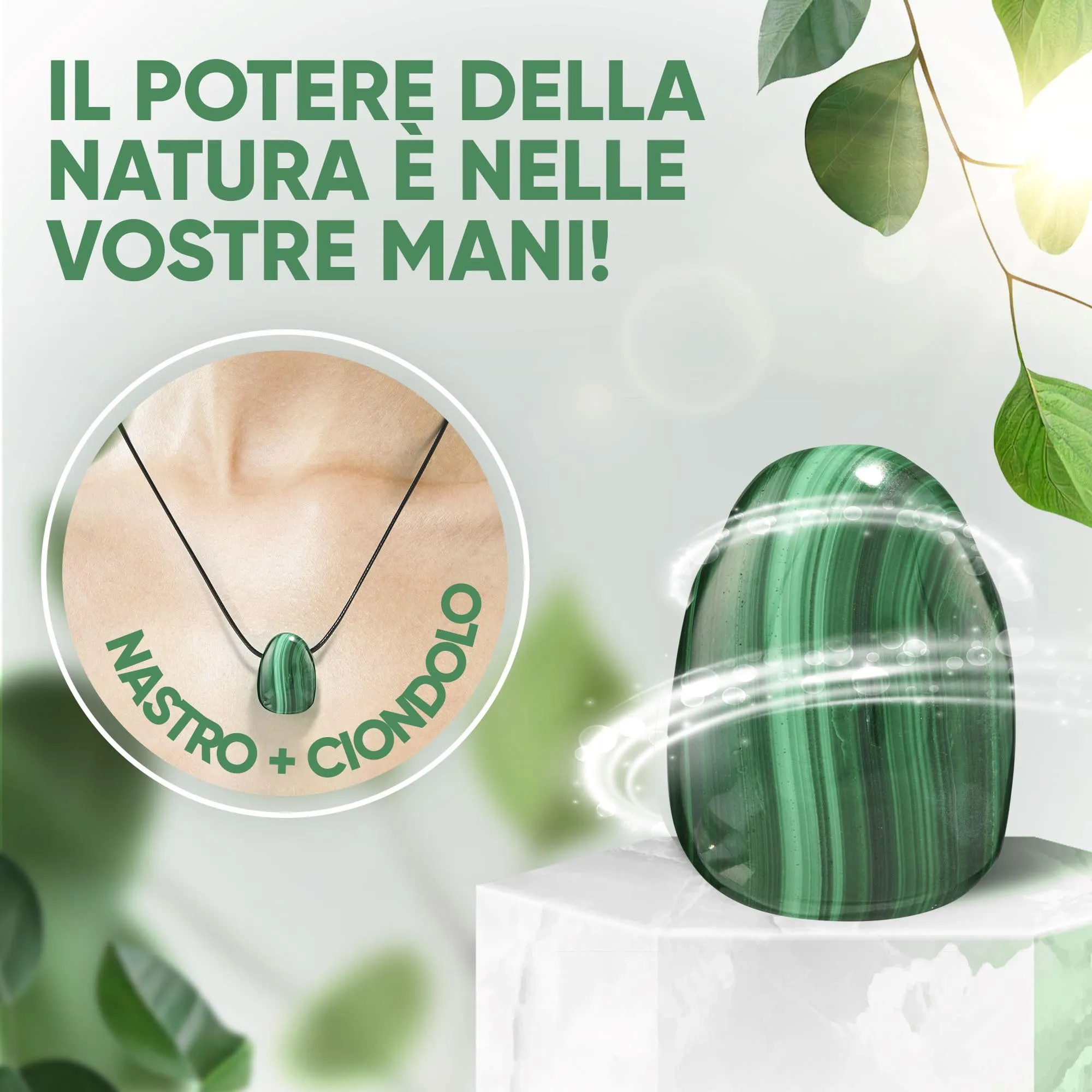 PURAJA Collana con Ciondolo a Goccia in Pietra Naturale Malachite e Cordino - immagine 3