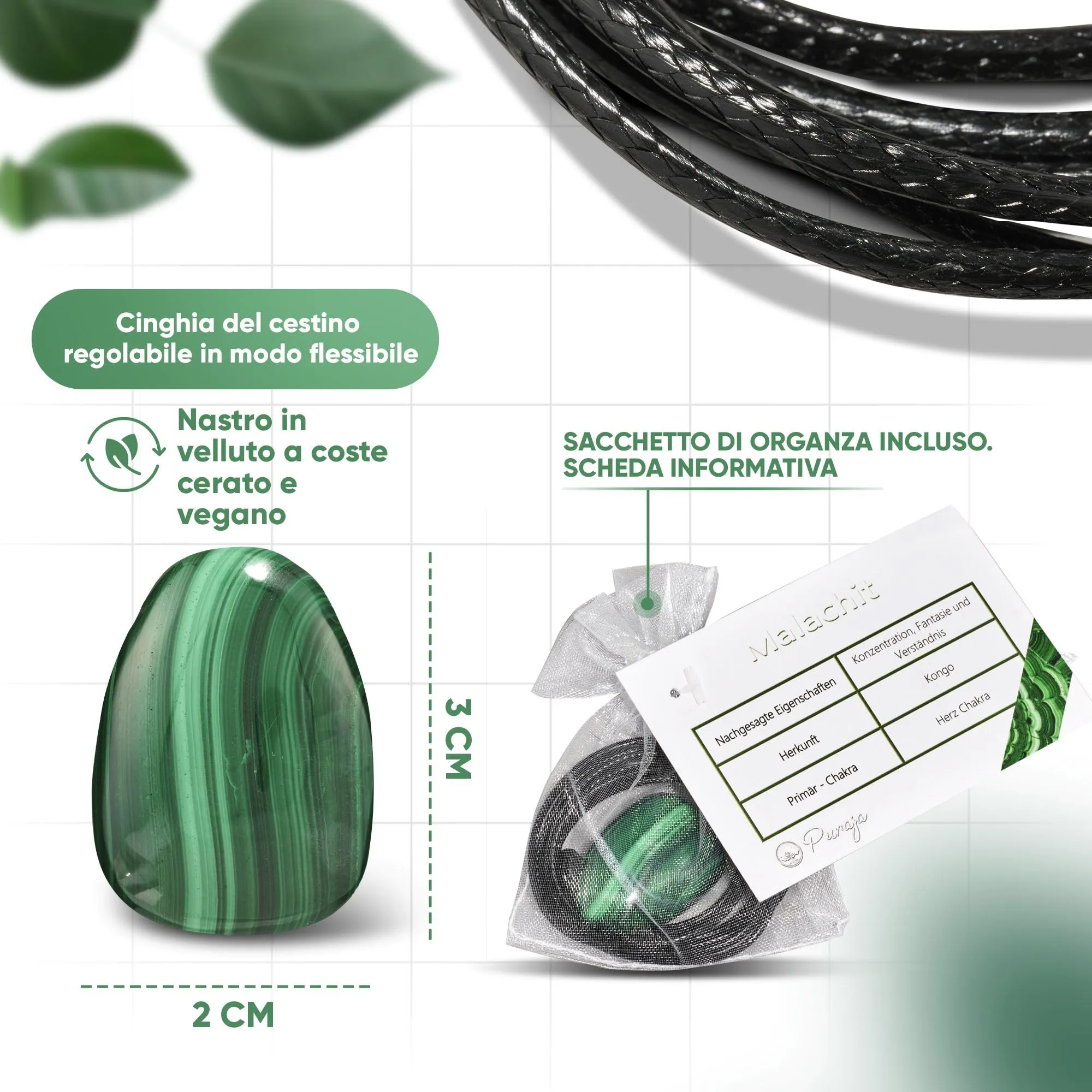 PURAJA Collana con Ciondolo a Goccia in Pietra Naturale Malachite e Cordino - immagine 4