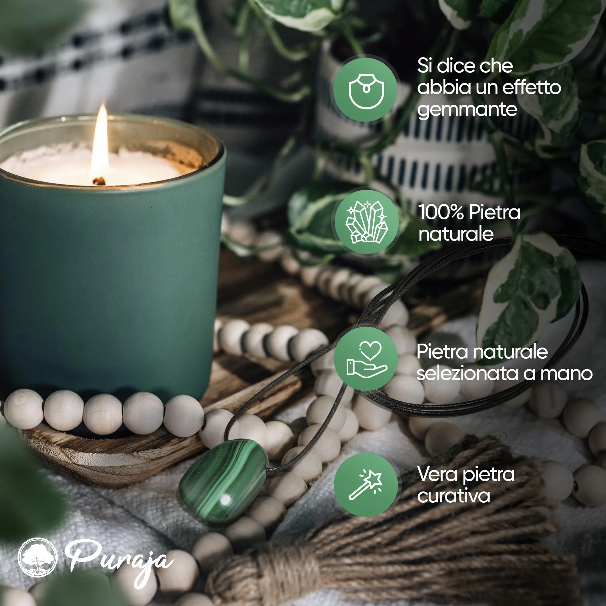 PURAJA Collana con Ciondolo a Goccia in Pietra Naturale Malachite e Cordino - immagine 6