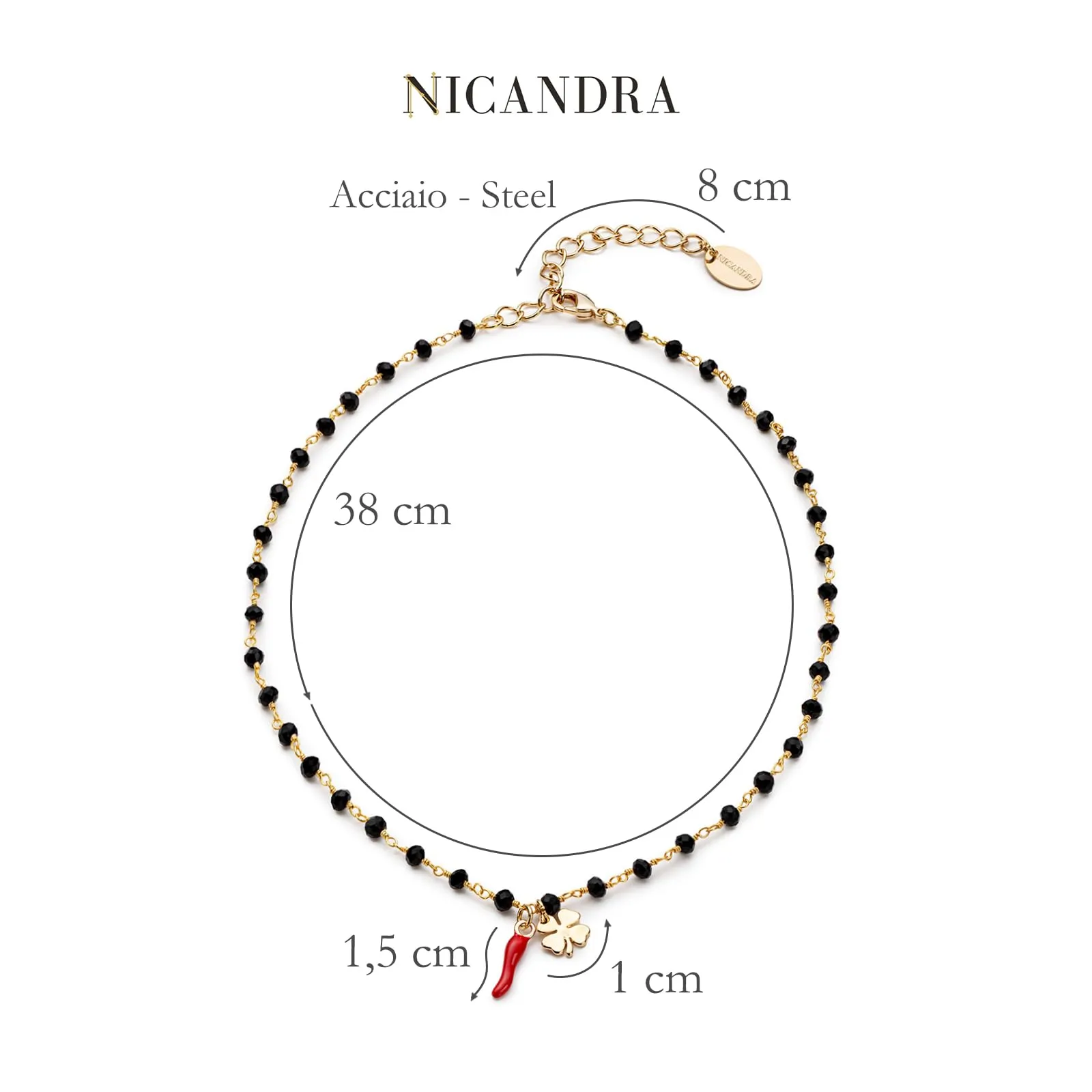 NICANDRA Collana Donna in Acciaio Oro con Corno e Quadrifoglio Portafortuna - immagine 4