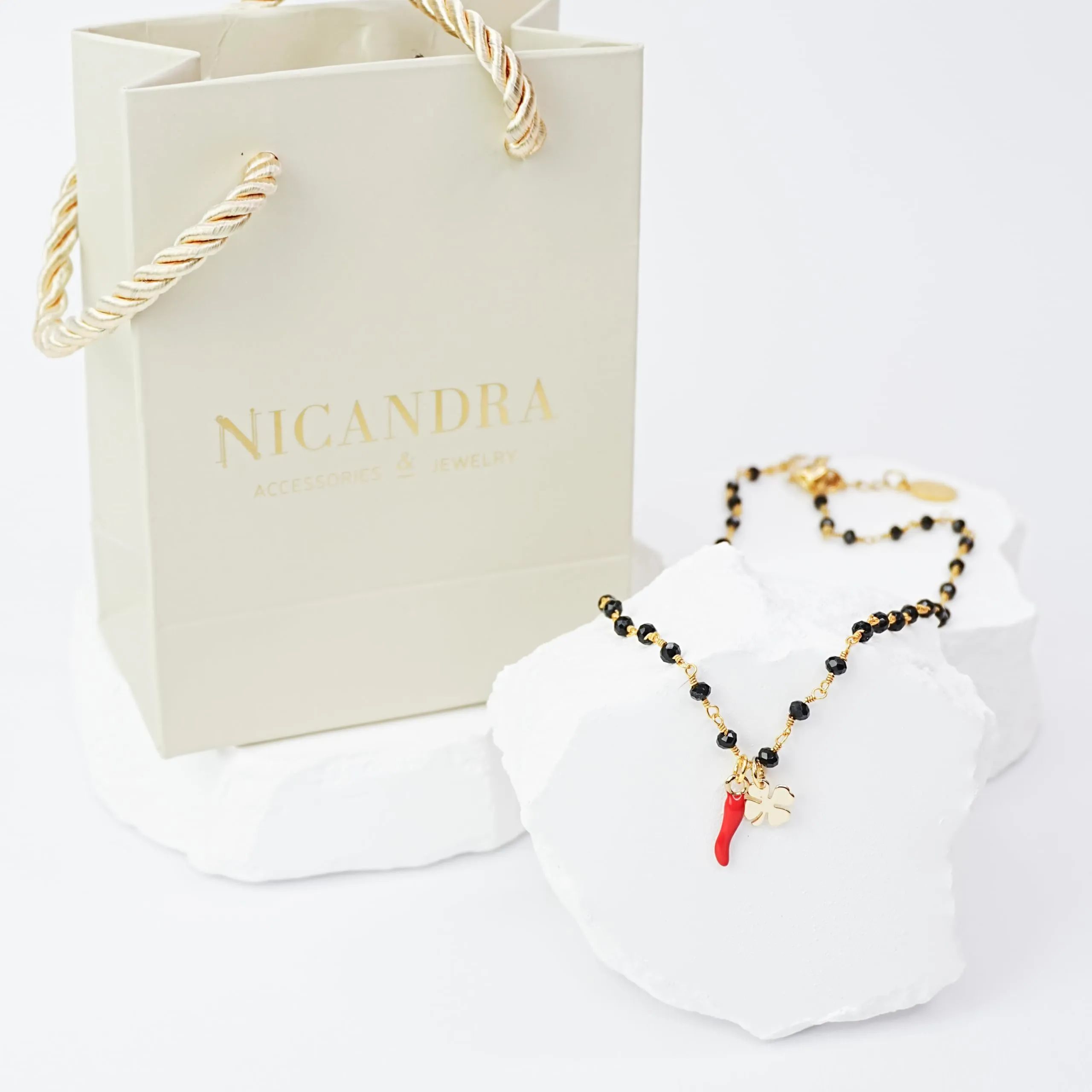 NICANDRA Collana Donna in Acciaio Oro con Corno e Quadrifoglio Portafortuna - immagine 5
