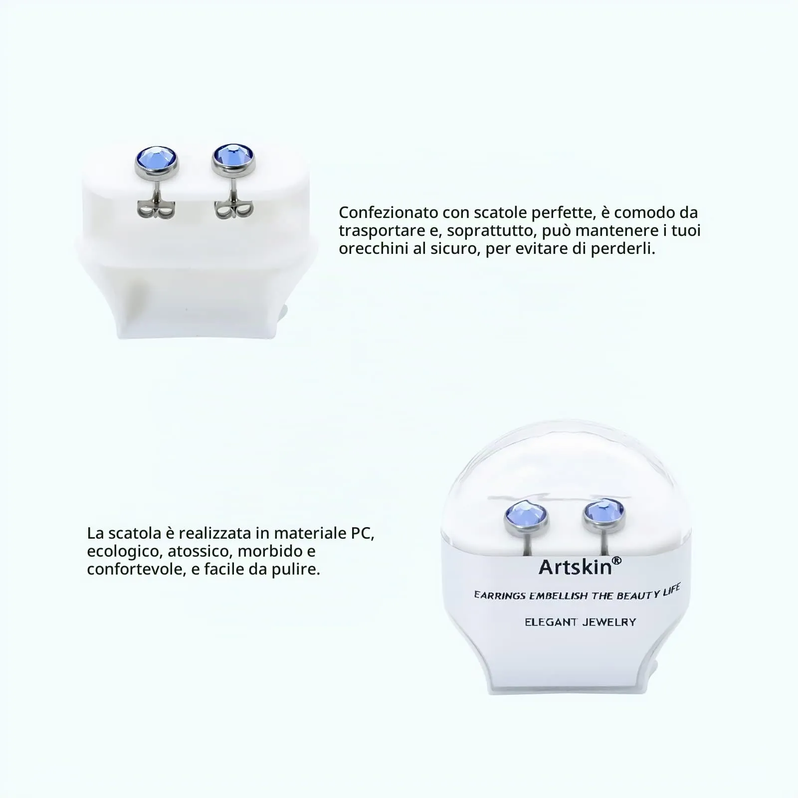 Artskin Orecchini a bottone in titanio con zirconi, zaffiro, ipoallergenici, 7 mm - immagine 4