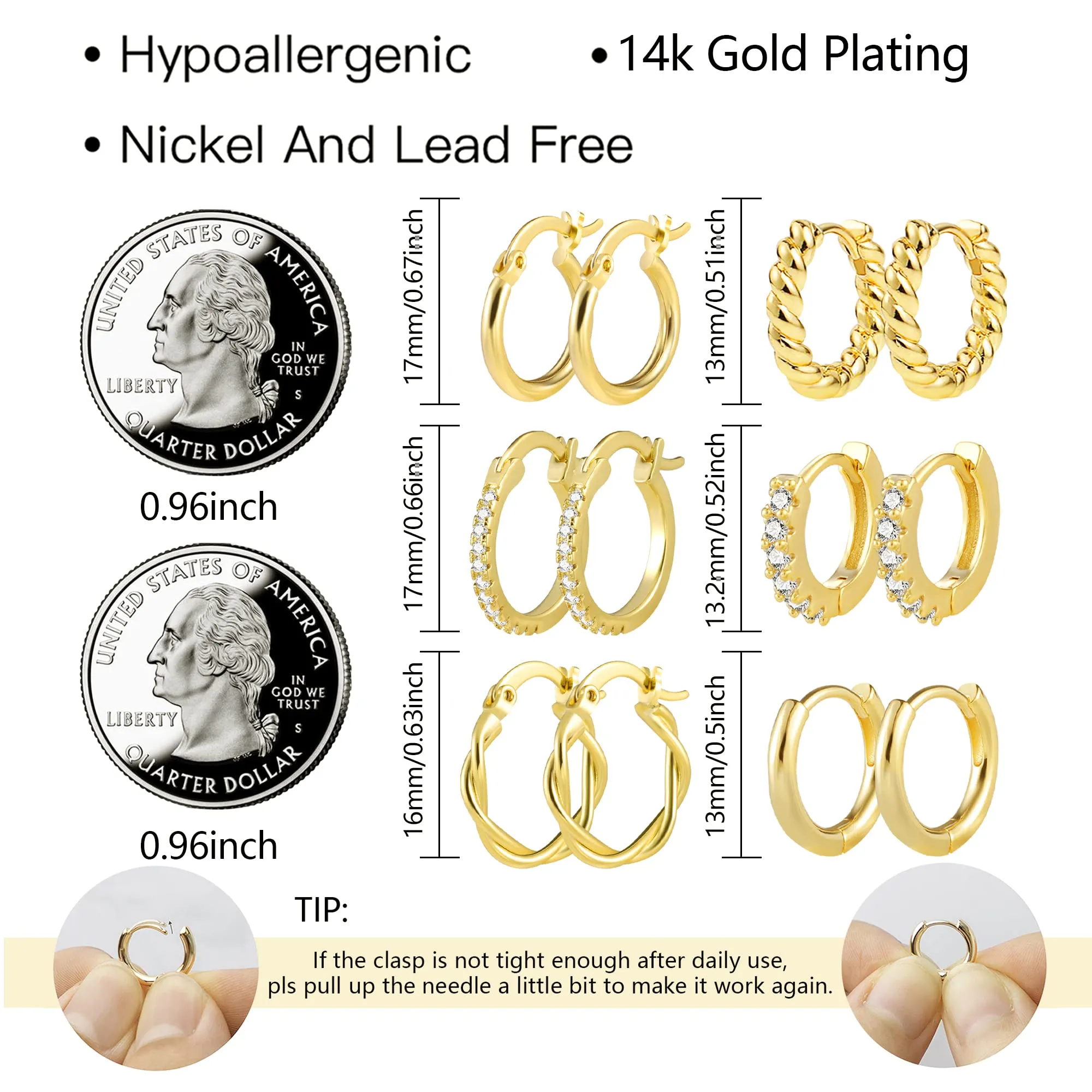 ALEXCRAFT Set di 6 paia di orecchini a cerchio Huggie, Oro 14 carati, Ottone, 15mm-16mm - immagine 3