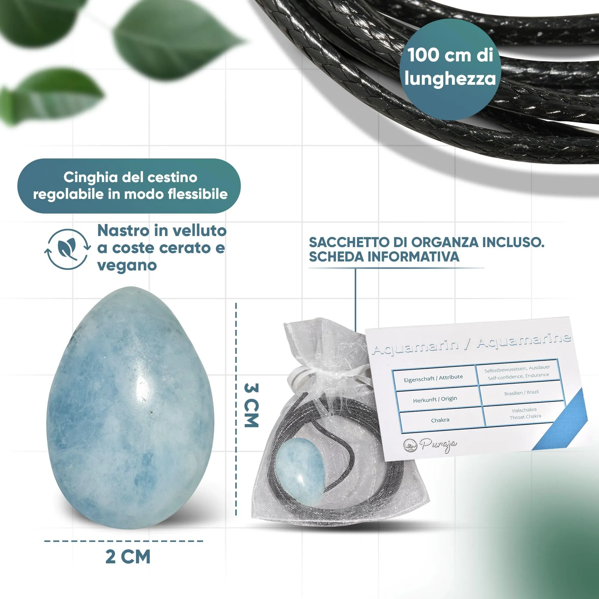 PURAJA Collana con ciondolo a goccia in pietra naturale Acquamarina e cordino sottile - immagine 4