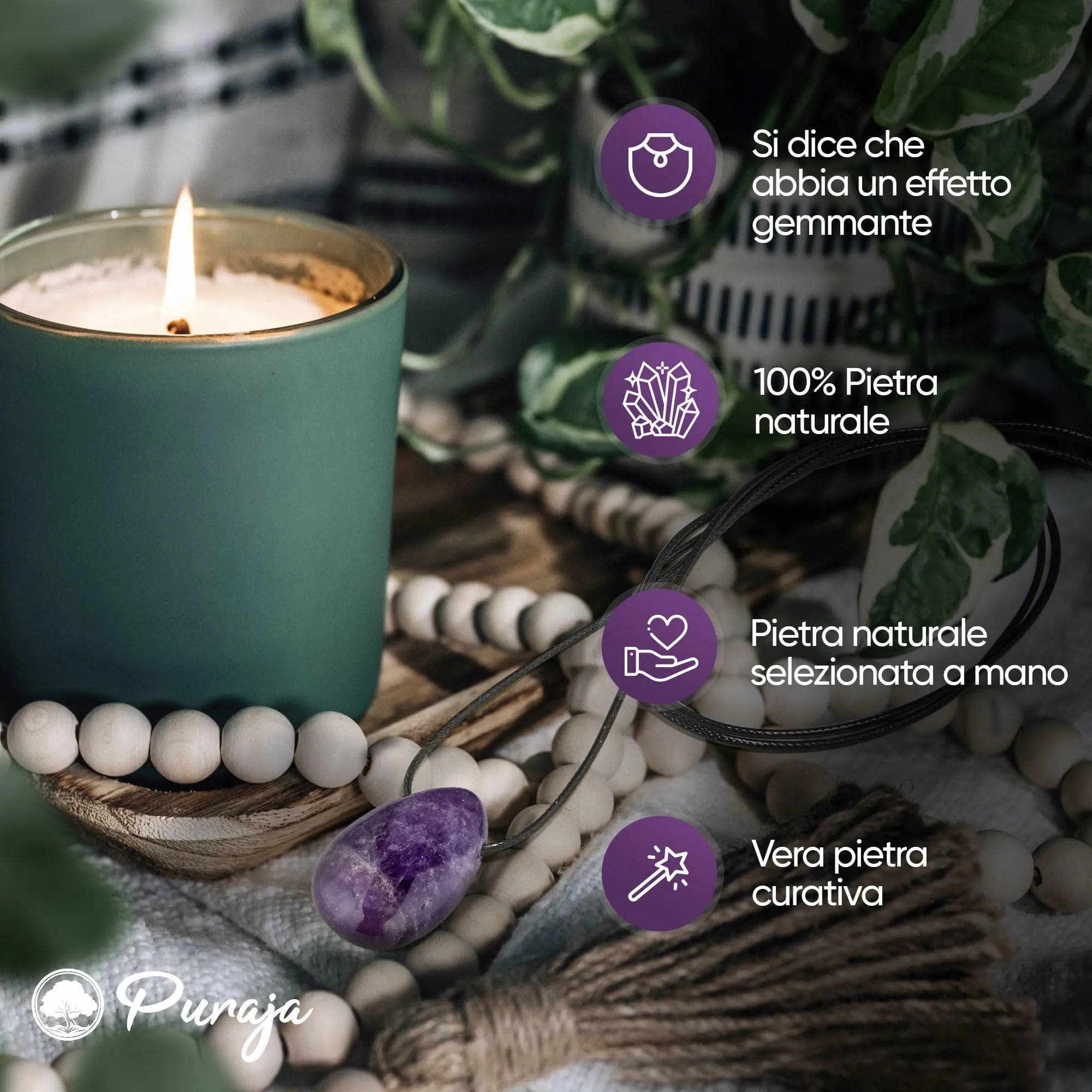 PURAJA Collana con Ciondolo a Goccia in Pietra Naturale Ametista e Cordoncino - immagine 5