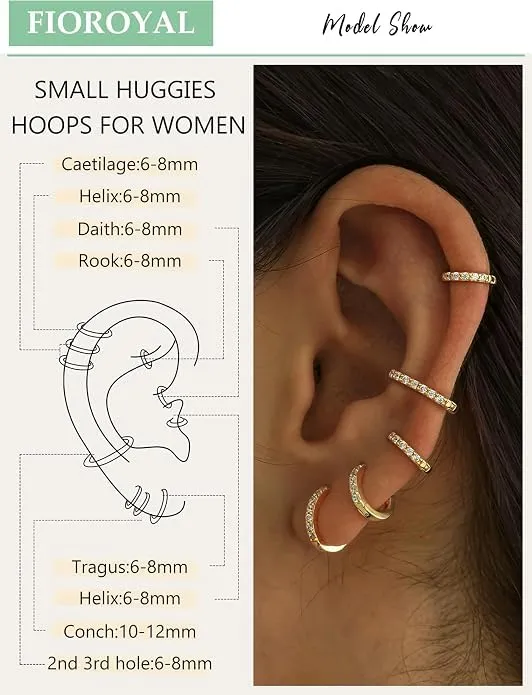 FIOROYAL Set 5 Paia Orecchini a Cerchio in Oro 14K con Zirconi Cubici, 6/7/8/9/10mm - immagine 3