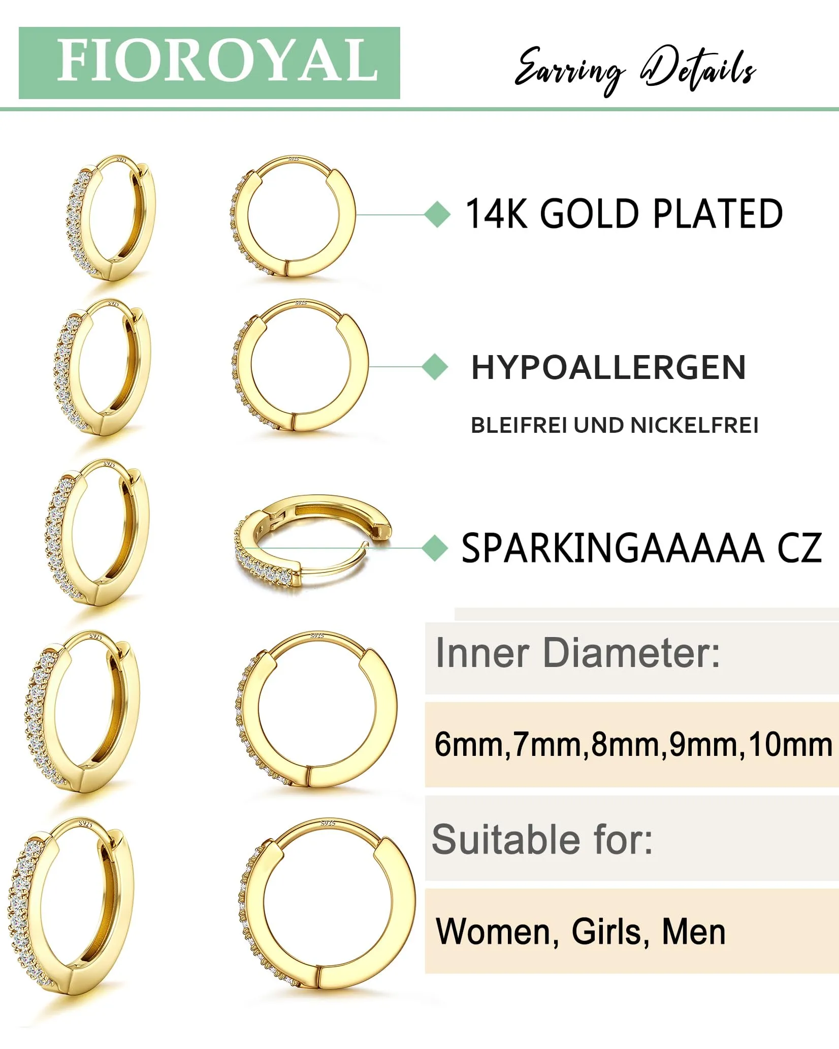 FIOROYAL Set 5 Paia Orecchini a Cerchio in Oro 14K con Zirconi Cubici, 6/7/8/9/10mm - immagine 4