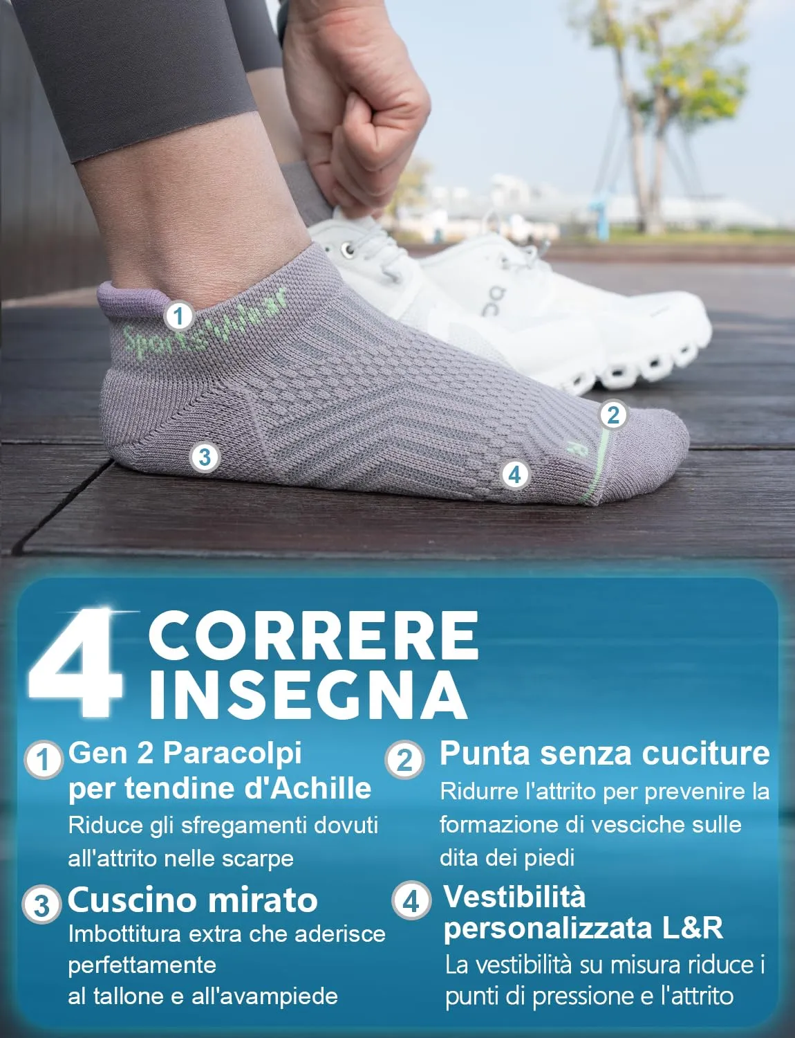 Juclise Calzini da corsa invisibili a compressione in viscosa di bambù e Coolmax da donna, 38-42, Lilla brillante+Nero acquamarina+Grigio chiaro - immagine 4