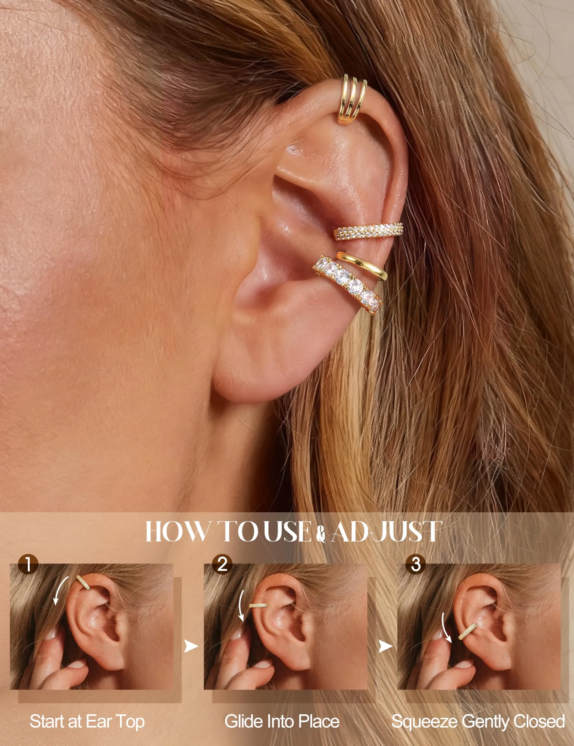 Morfetto Ear Cuff Orecchini Senza Buco Donna Regolabili Placcati in Oro 14K con Zirconi CZ - immagine 5