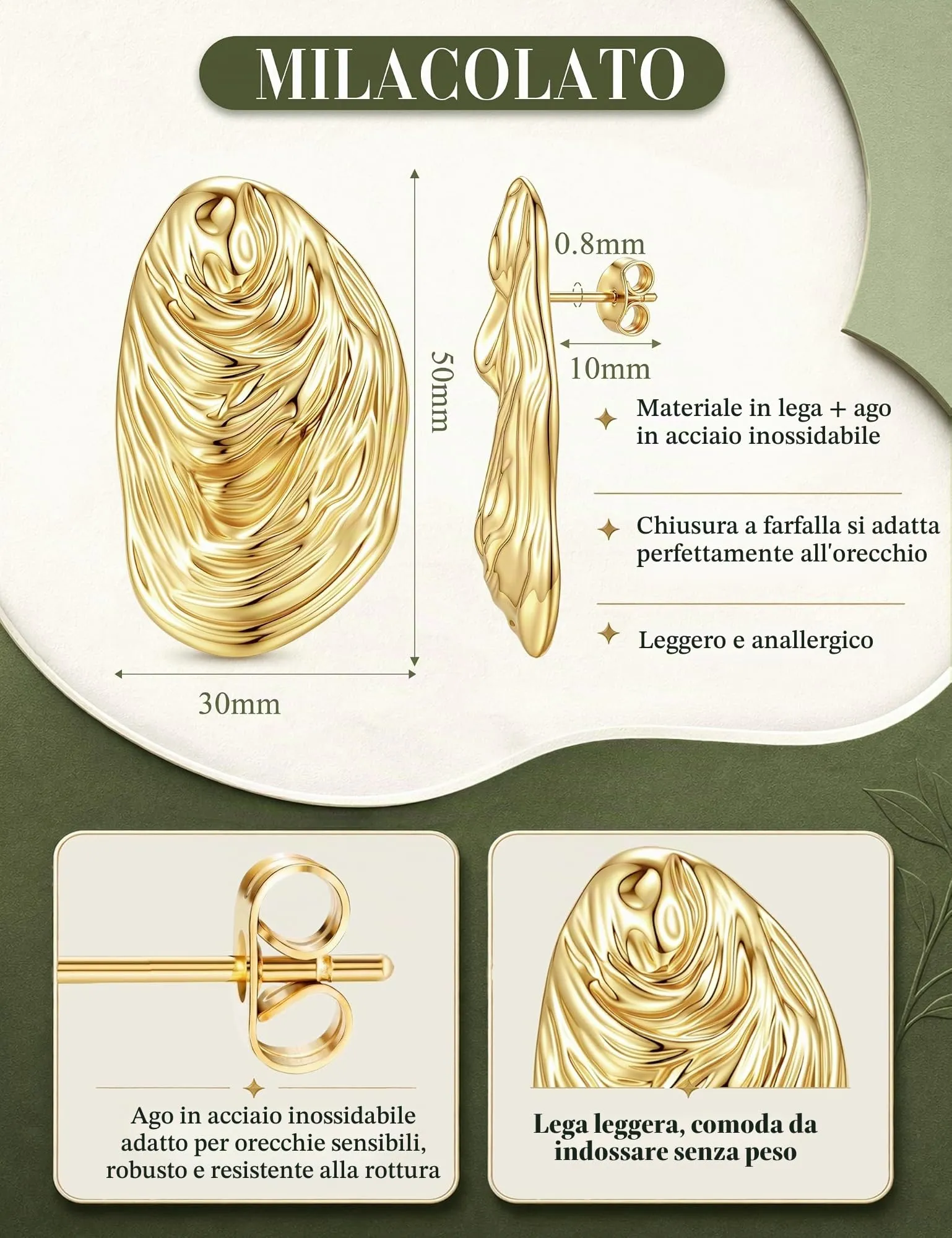 Milacolato Orecchini Donna Oro Statement Anallergici - immagine 3