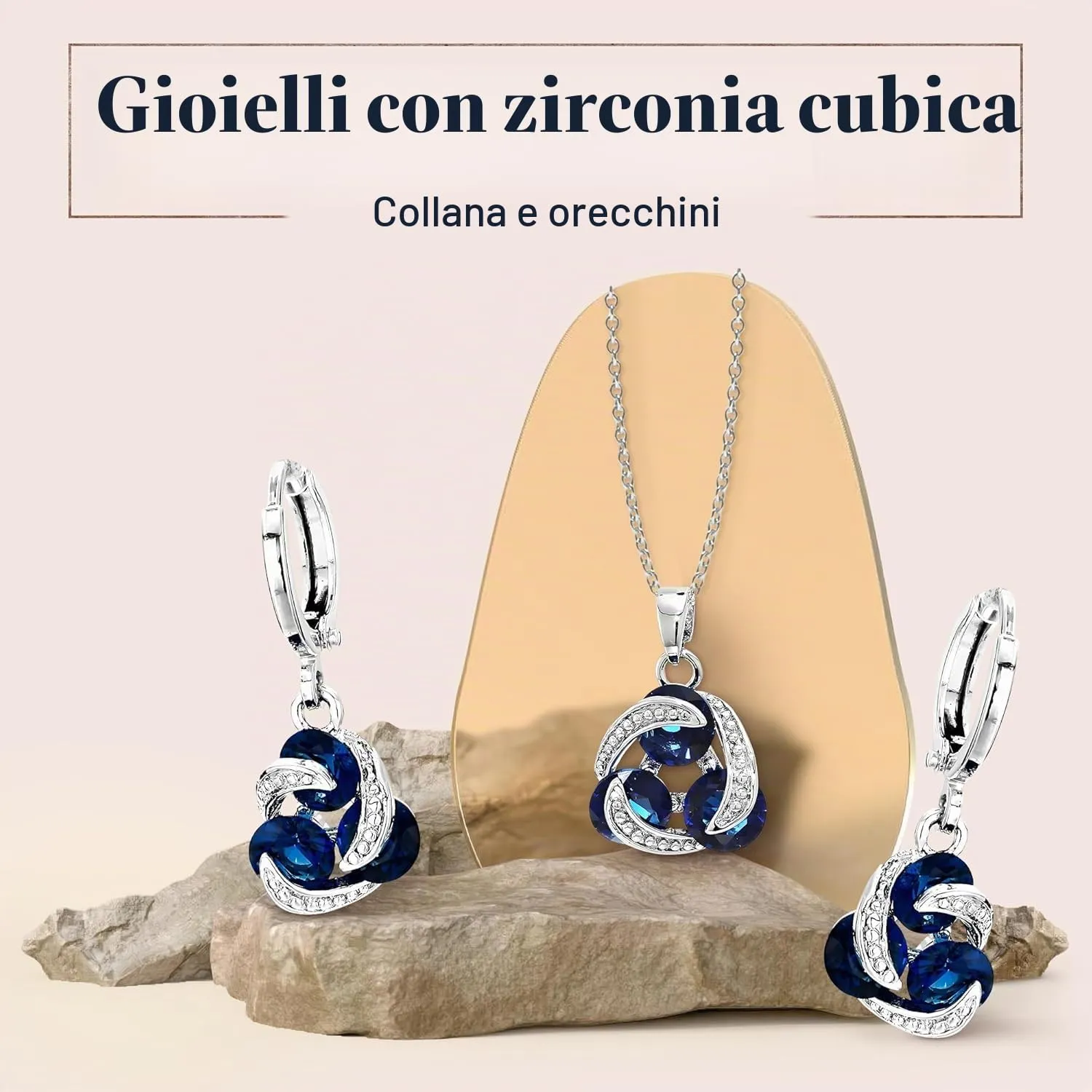 Crystalline Azuria Donna Parure Collana con Ciondolo 45 cm e Orecchini, 18ct Placcato Oro Bianco, Zaffiro simulato Blu e Cristalli di Zirconi - immagine 2