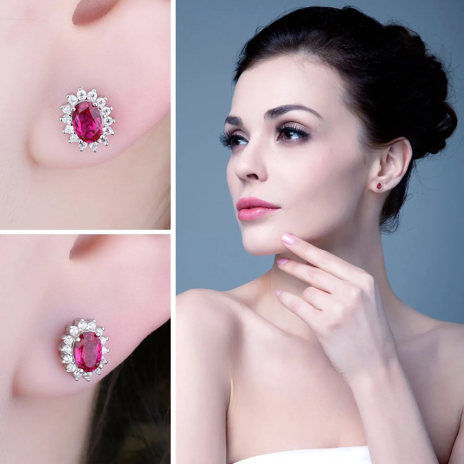 JewelryPalace Orecchini a Bottone in Argento 925 con Rubino Rosso Creato, Pietra Ovale - immagine 4