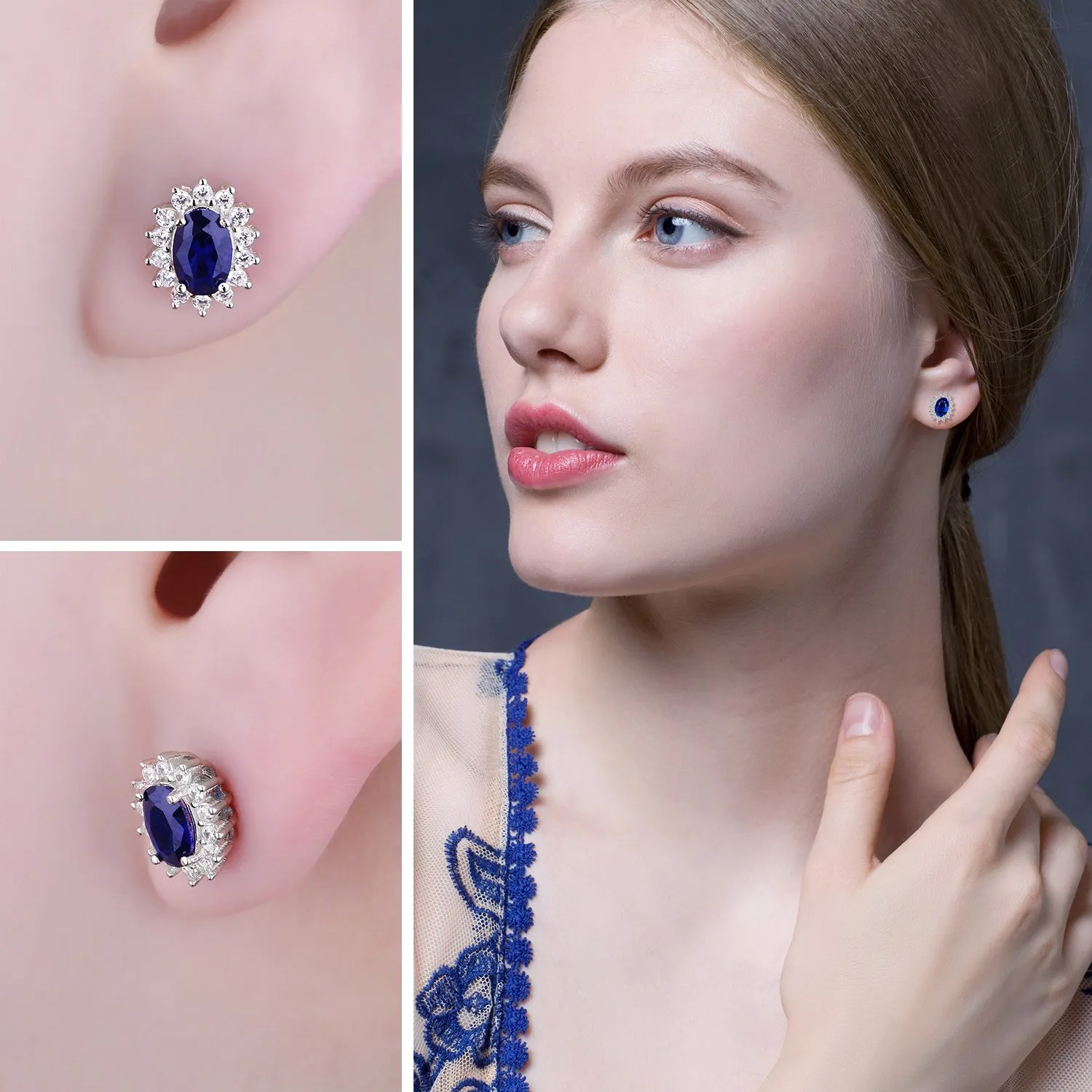 JewelryPalace Principessa Diana 1.5ct Sintetico Blu Zaffiro Stud Orecchini 925 Sterling Argento - immagine 4