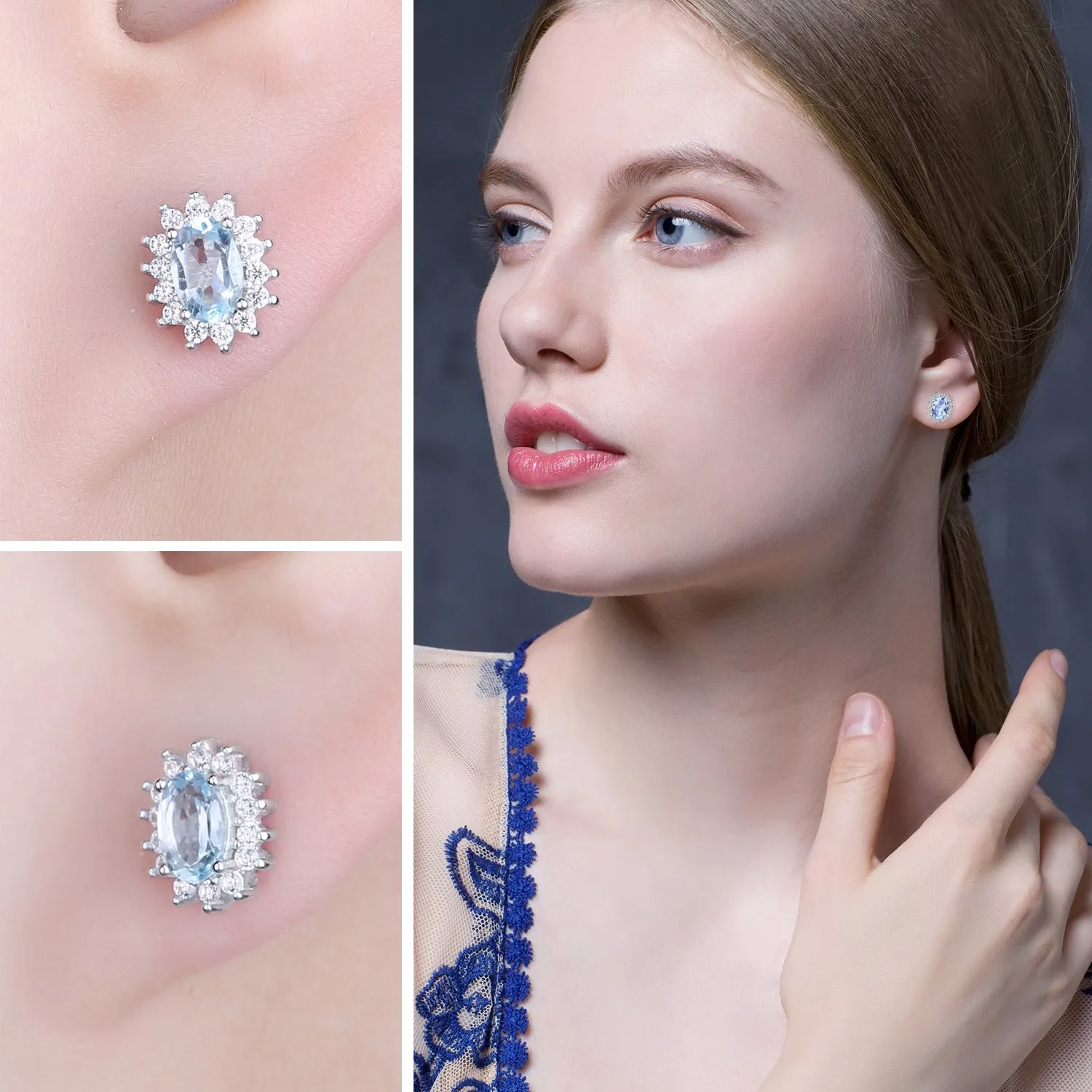 JewelryPalace Orecchini a Bottone in Argento 925 con Topazio Azzurro Naturale, Pietra Ovale - immagine 4