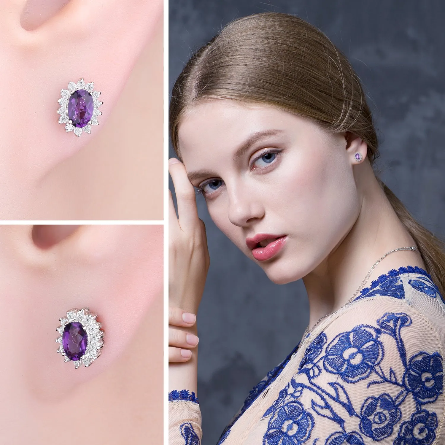 JewelryPalace Orecchini a Bottone in Argento 925 con Ametista Viola Naturale, Pietra Ovale - immagine 4