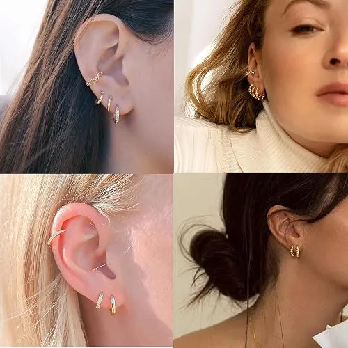 ALEXCRAFT Orecchini a Cerchio Donna Oro 14K Lucidi e Intrecciati, Set 3 Paia - immagine 3