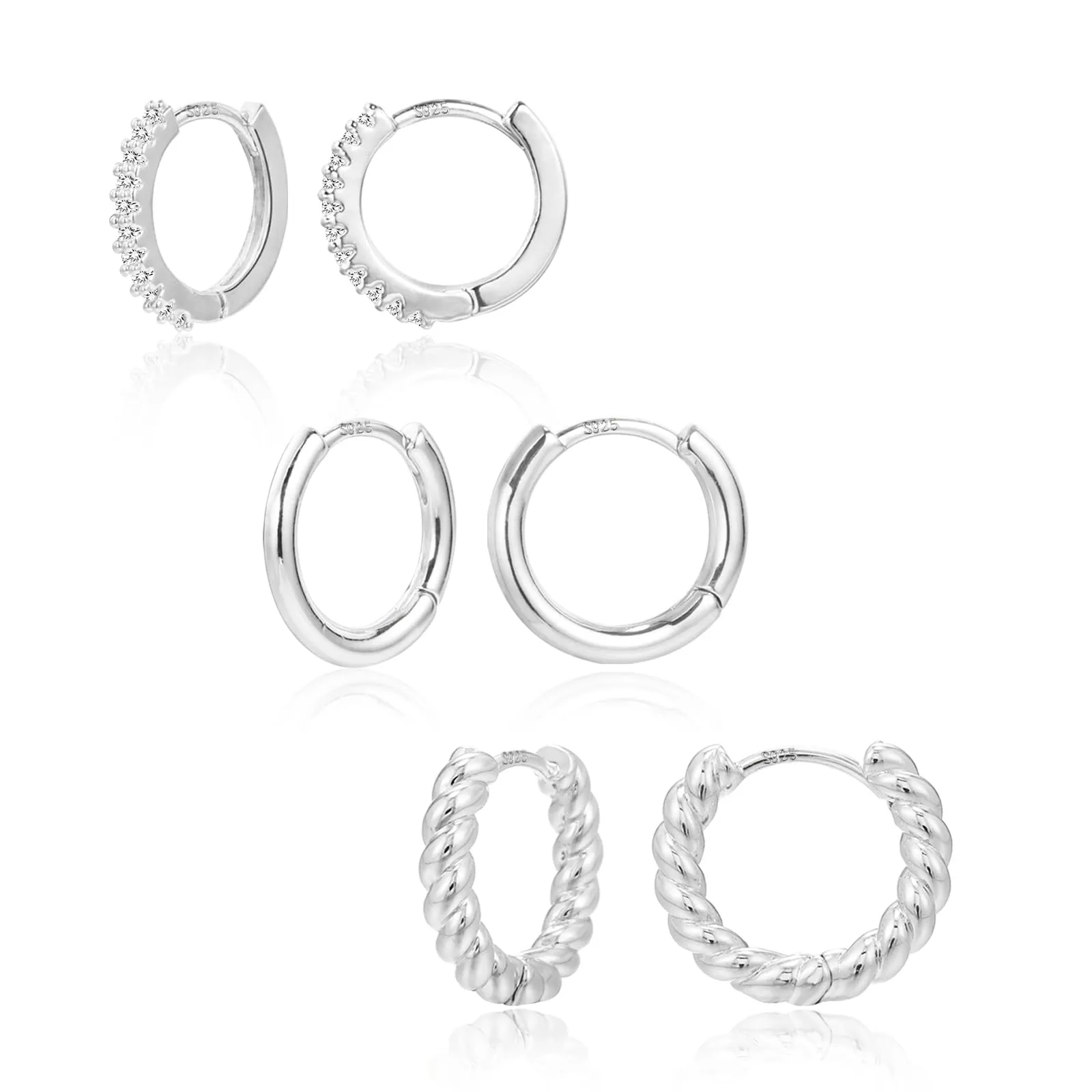 ALEXCRAFT Orecchini a Cerchio in Argento Lucido e Intrecciati, Set 3 Paia - immagine 1