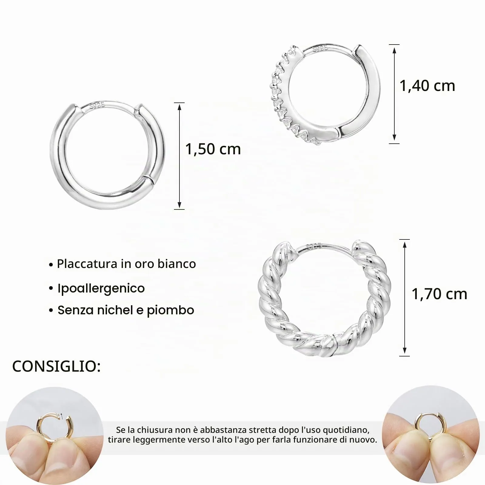 ALEXCRAFT Orecchini a Cerchio in Argento Lucido e Intrecciati, Set 3 Paia - immagine 2