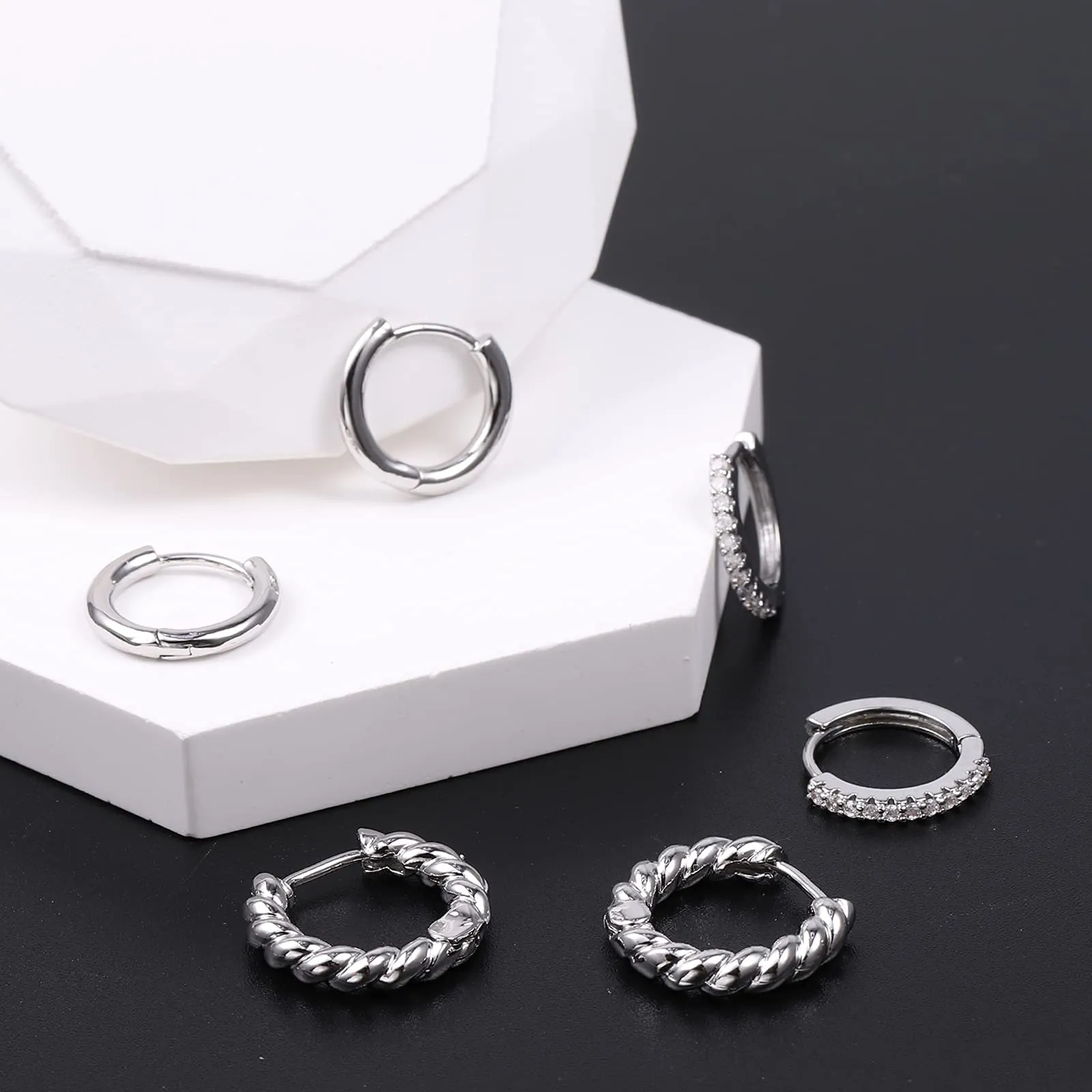 ALEXCRAFT Orecchini a Cerchio in Argento Lucido e Intrecciati, Set 3 Paia - immagine 6