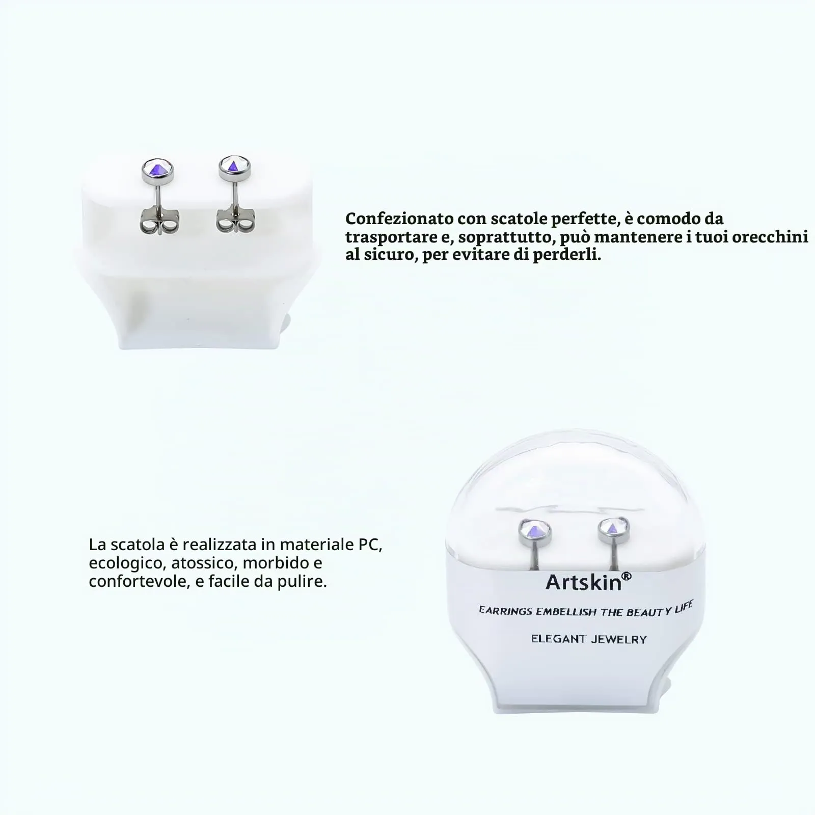 Artskin Orecchini a bottone in titanio G23 con zirconi ipoallergenici, 5 mm - immagine 4