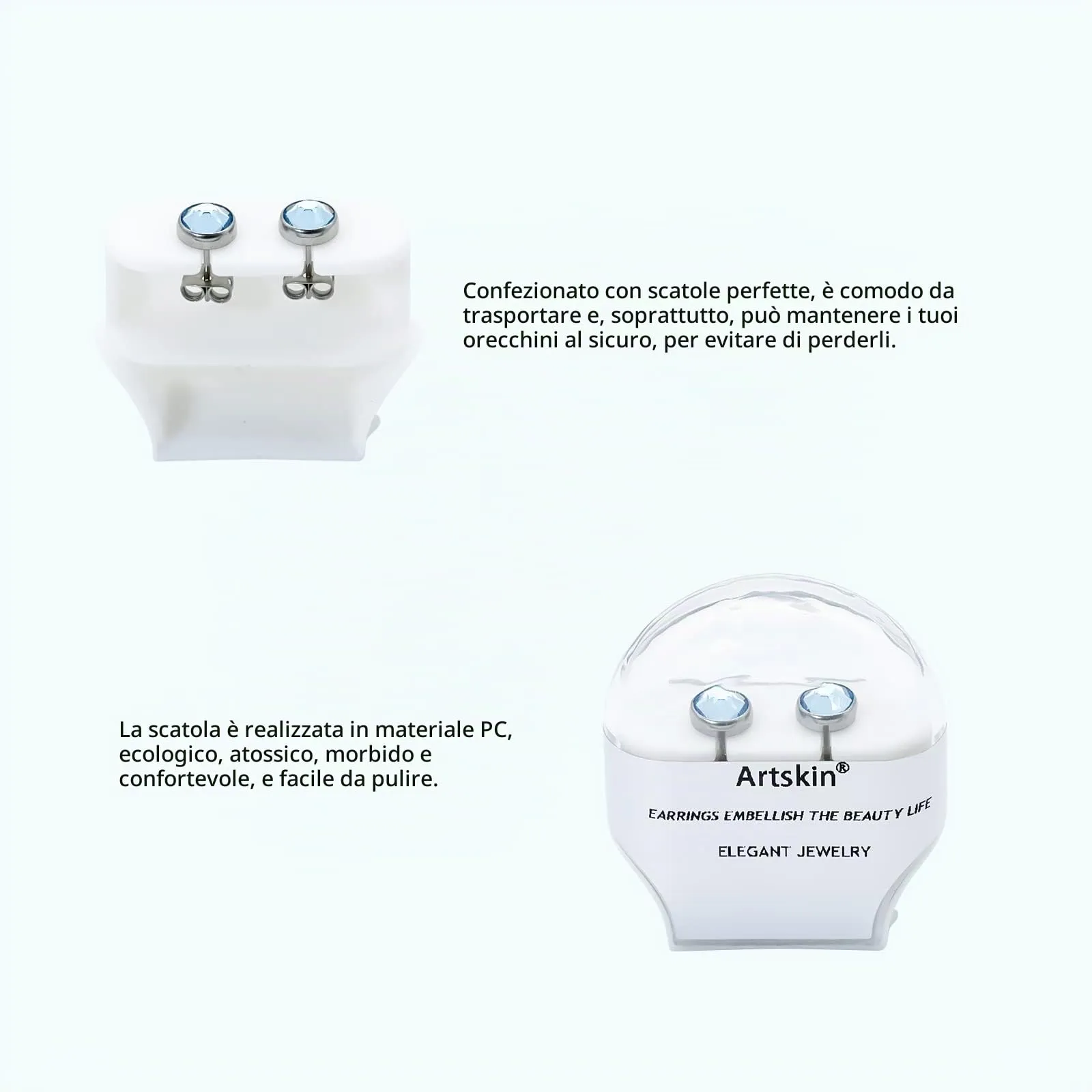 Artskin Orecchini a bottone in titanio G23 con zirconi ipoallergenici, 7 mm - immagine 4