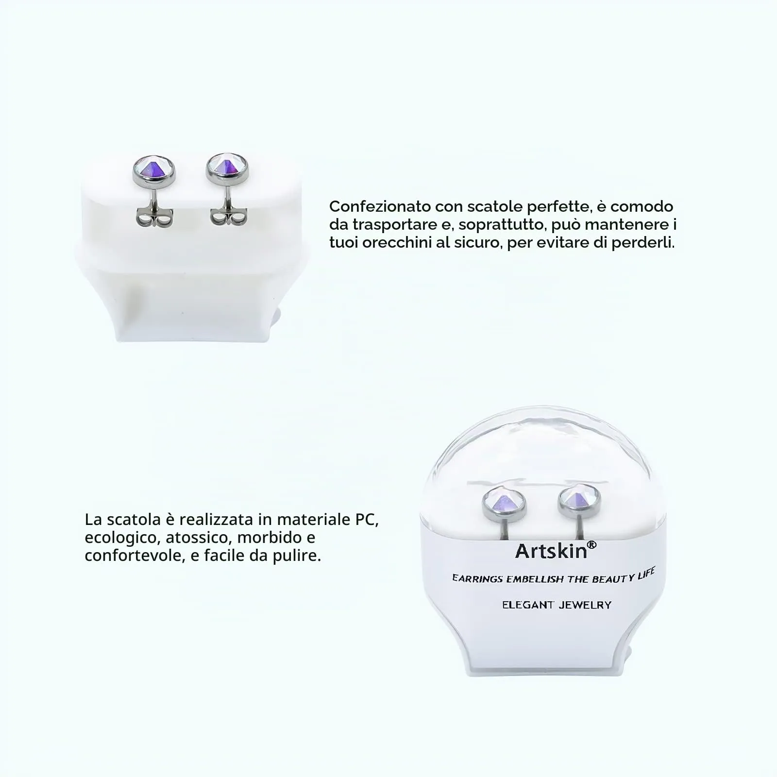 Artskin Orecchini a bottone in titanio G23 con zirconi ipoallergenici, 7 mm - immagine 4