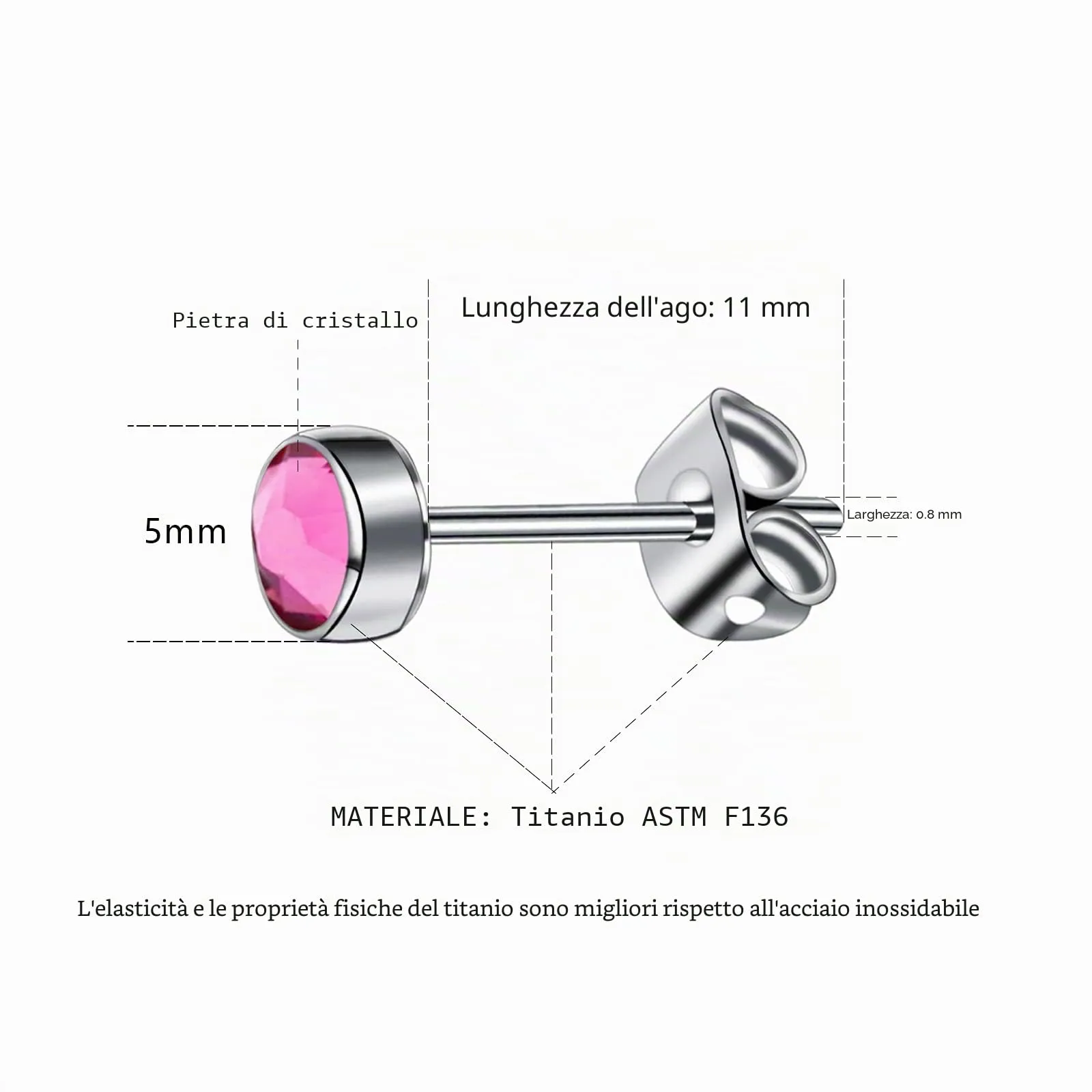 Artskin Orecchini a bottone in titanio ipoallergenici, 5 mm, Rosa - immagine 2