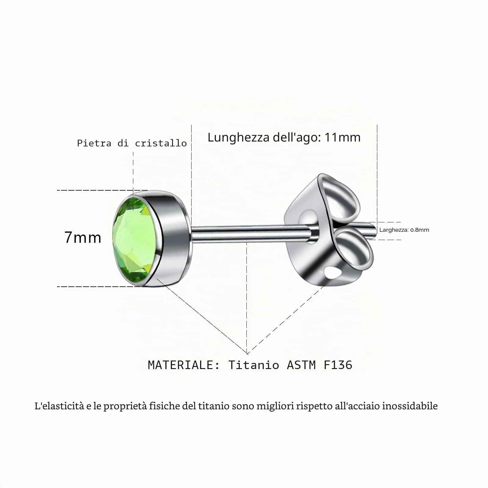 Artskin Orecchini a bottone in titanio con peridoto, ipoallergenici e senza nichel, 7 mm - immagine 2