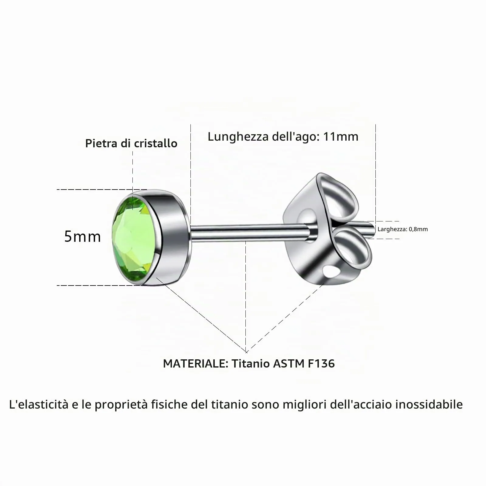 Artskin Orecchini a bottone in titanio con peridoto, ipoallergenici, 5 mm - immagine 2