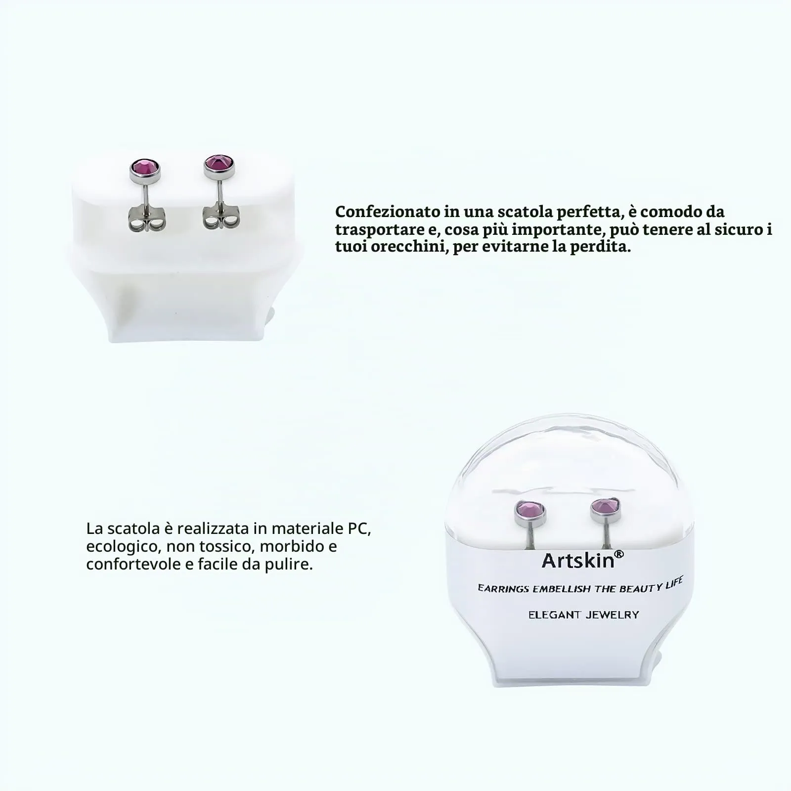 Artskin Orecchini a bottone in titanio G23 con zirconi ametista 5mm ipoallergenici - immagine 4