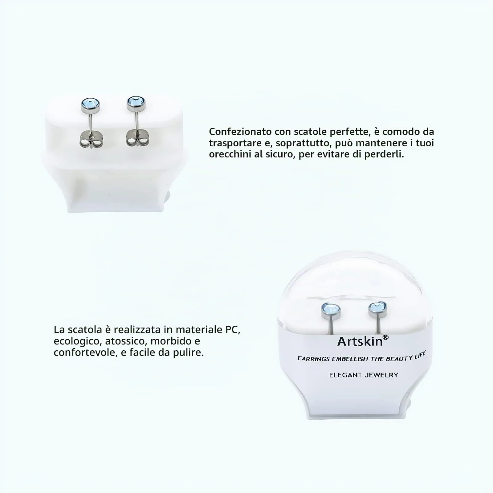 Artskin Orecchini a bottone in titanio con cristallo, ipoallergenici, 5 mm - immagine 4