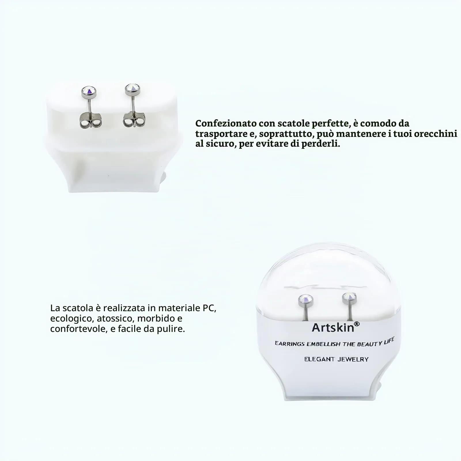 Artskin Orecchini a bottone in titanio G23 con zirconi ipoallergenici, 4 mm - immagine 4