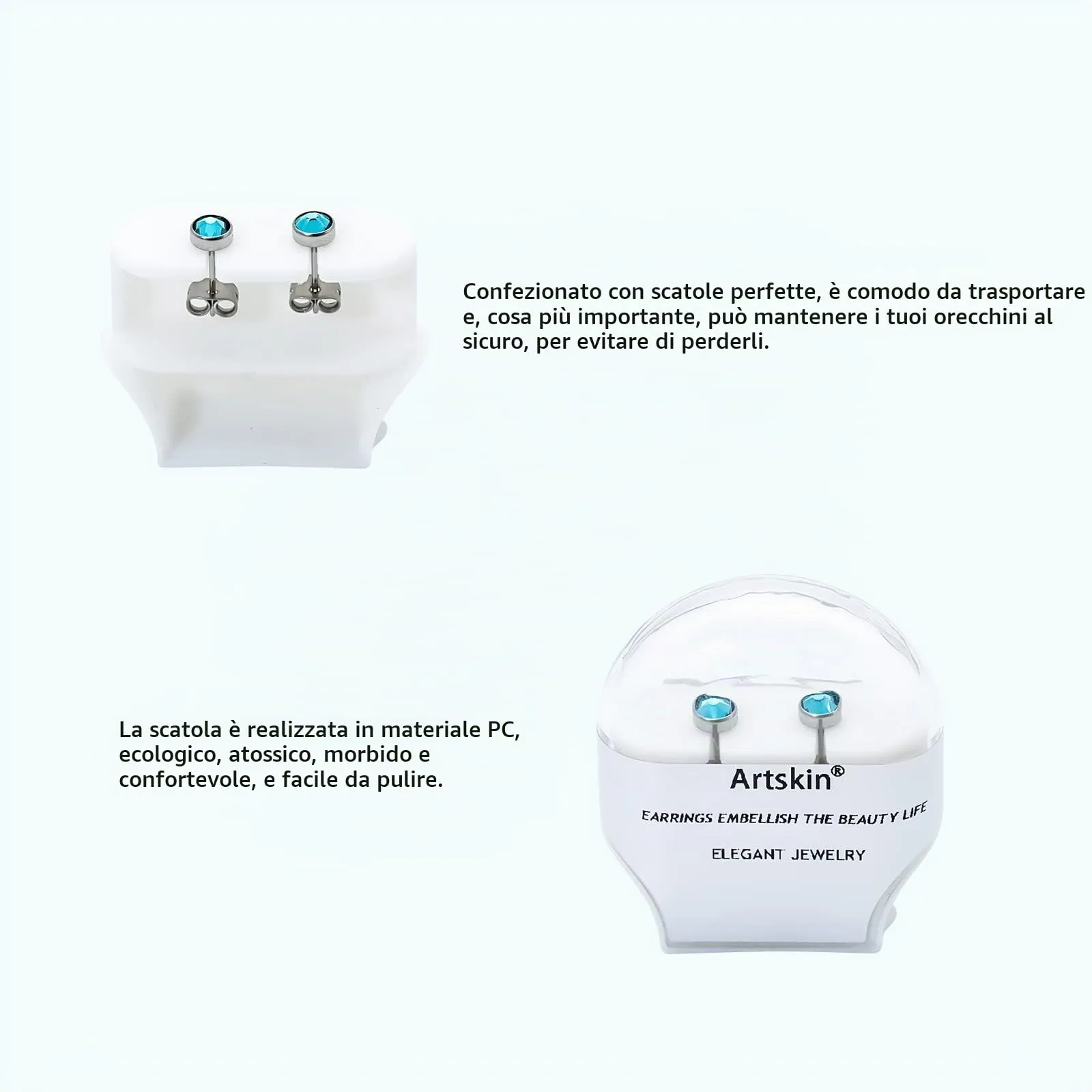Artskin Orecchini a bottone in titanio zircone blu ipoallergenici 5 mm - immagine 4