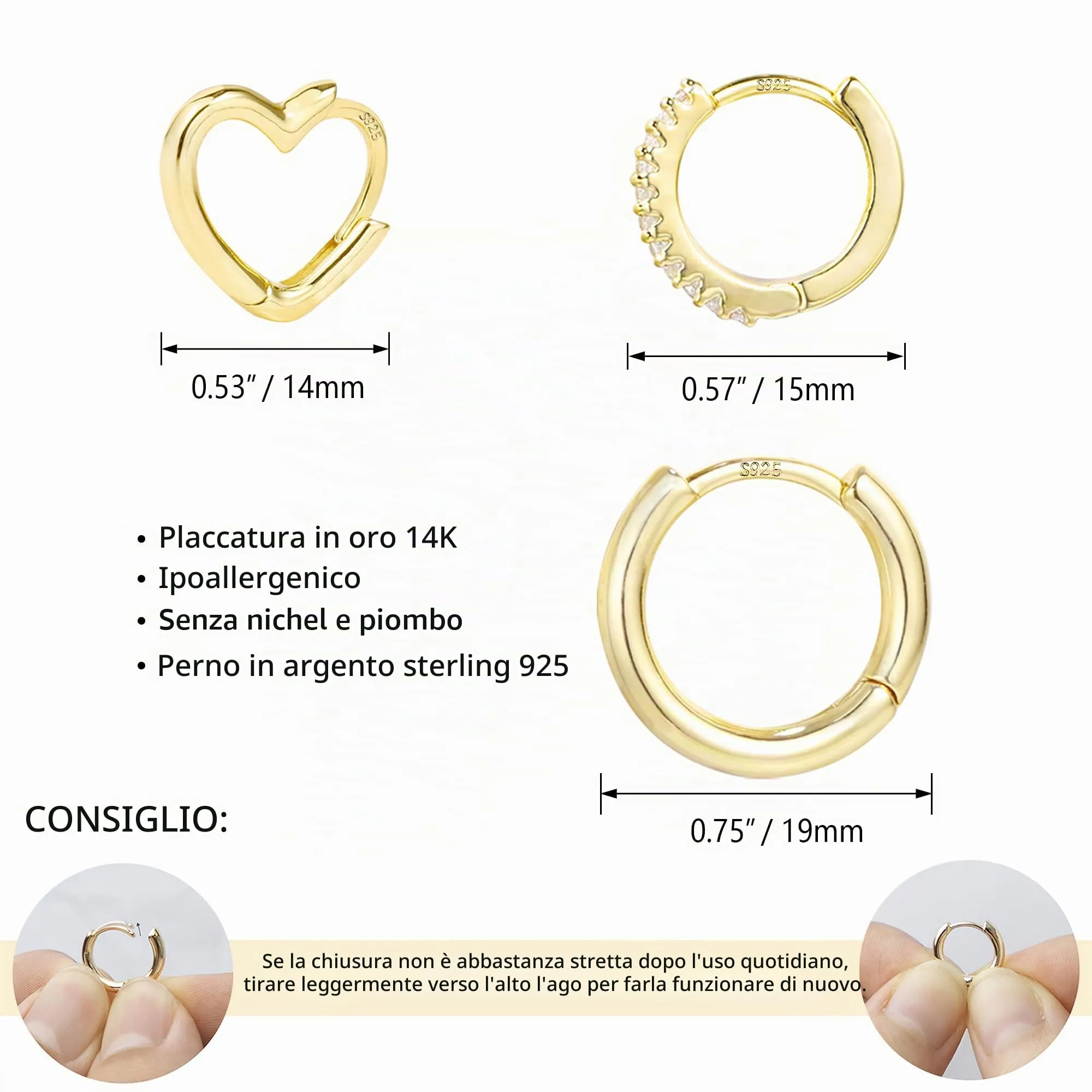 ALEXCRAFT Set di 3 Paia di Orecchini a Cerchio Donna Oro 14K Lucido Cuore Huggie - immagine 2