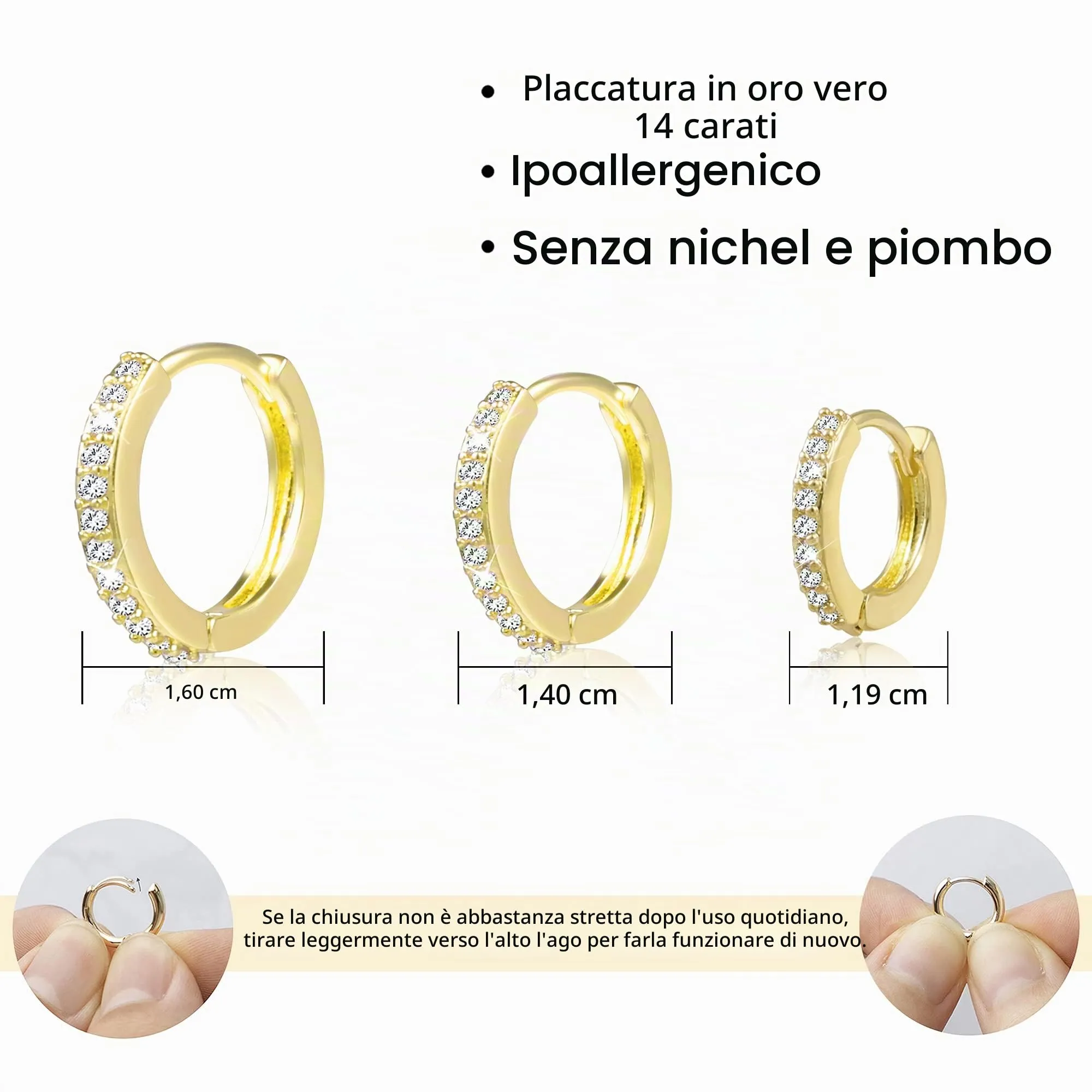 ALEXCRAFT Orecchini a Cerchio in Oro 14K e Zirconi, Set da 3 Paia - immagine 2