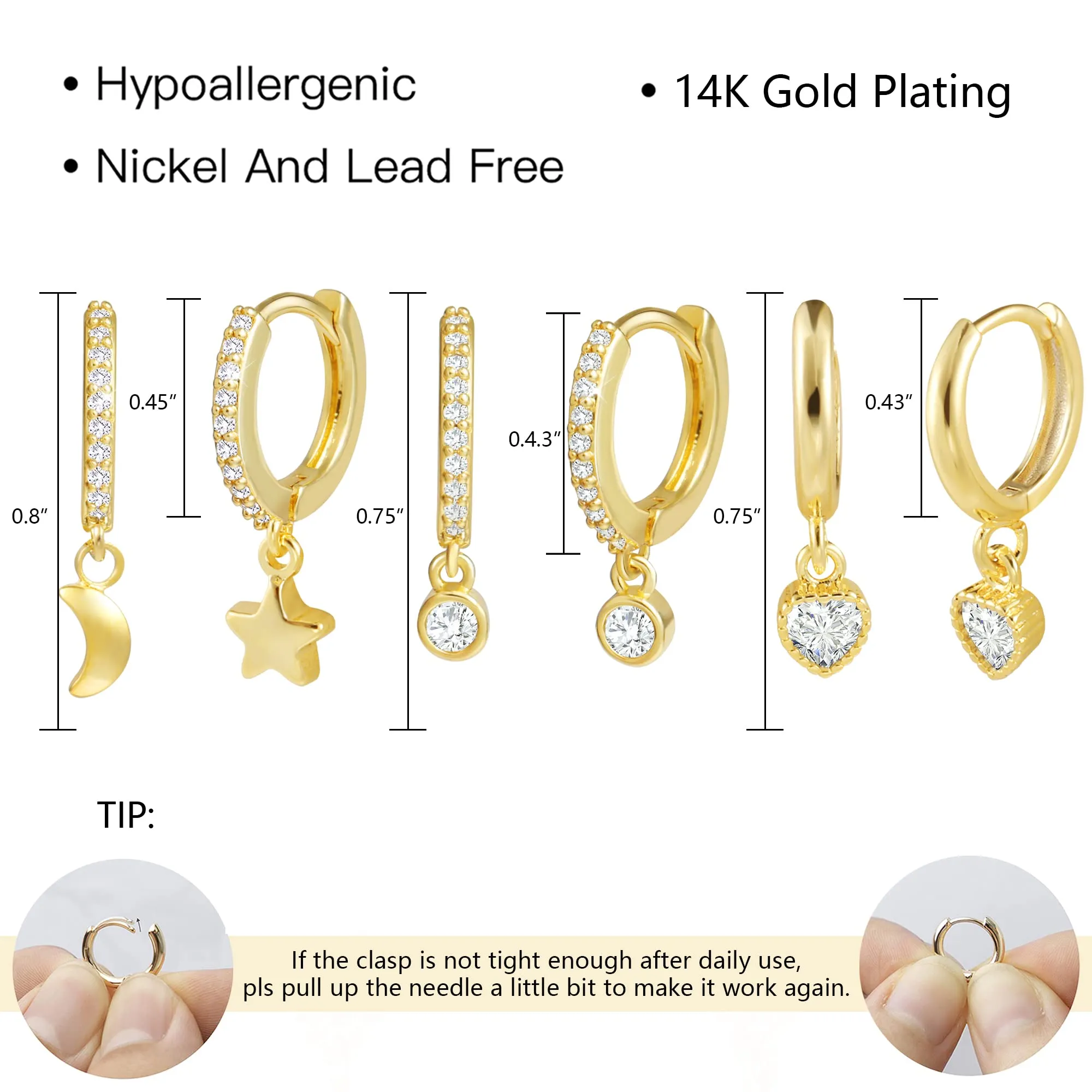 ALEXCRAFT Set 3 Paia Orecchini Pendenti Donna Oro 14K Luna e Cuore Zirconi - immagine 2