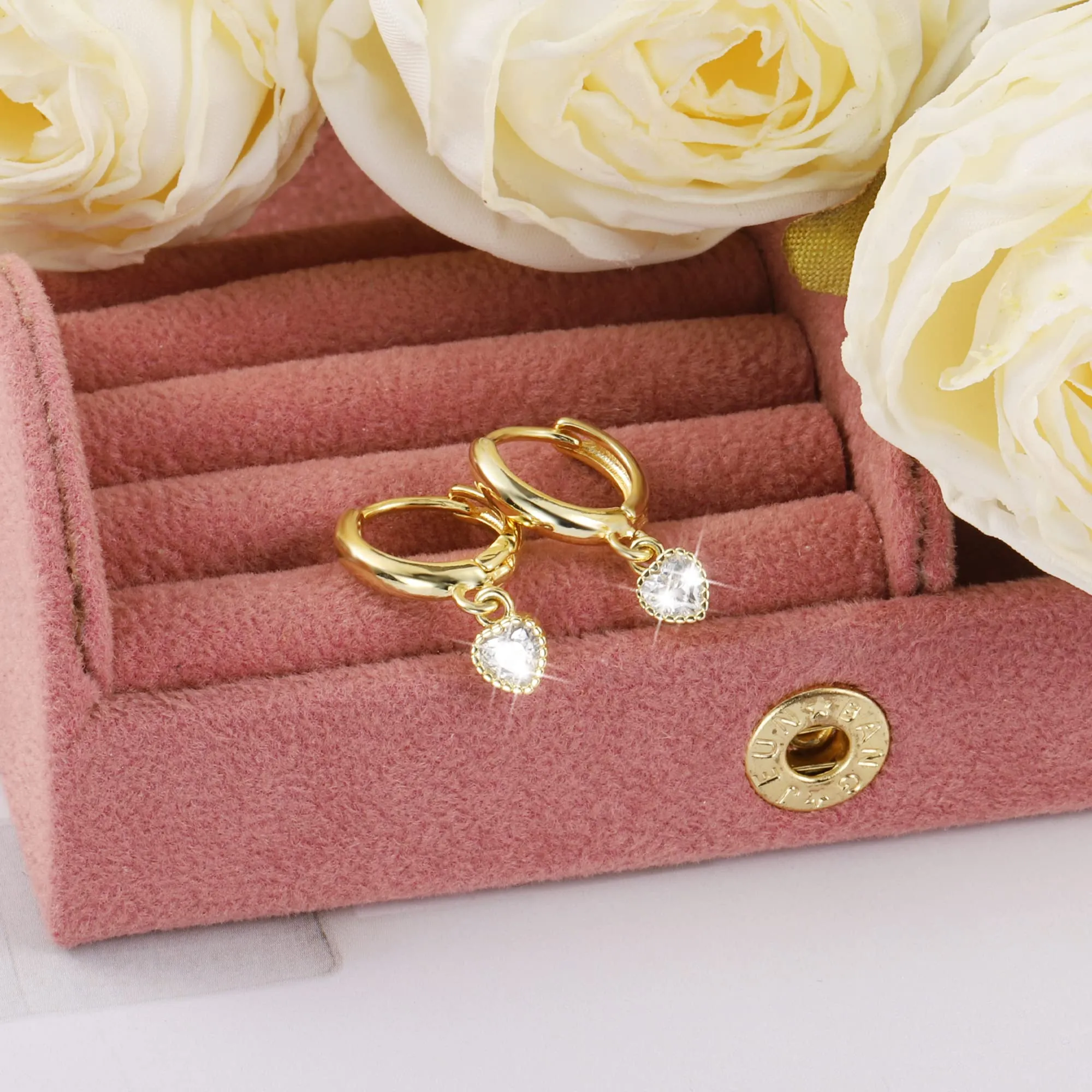ALEXCRAFT Set 3 Paia Orecchini Pendenti Donna Oro 14K Luna e Cuore Zirconi - immagine 4