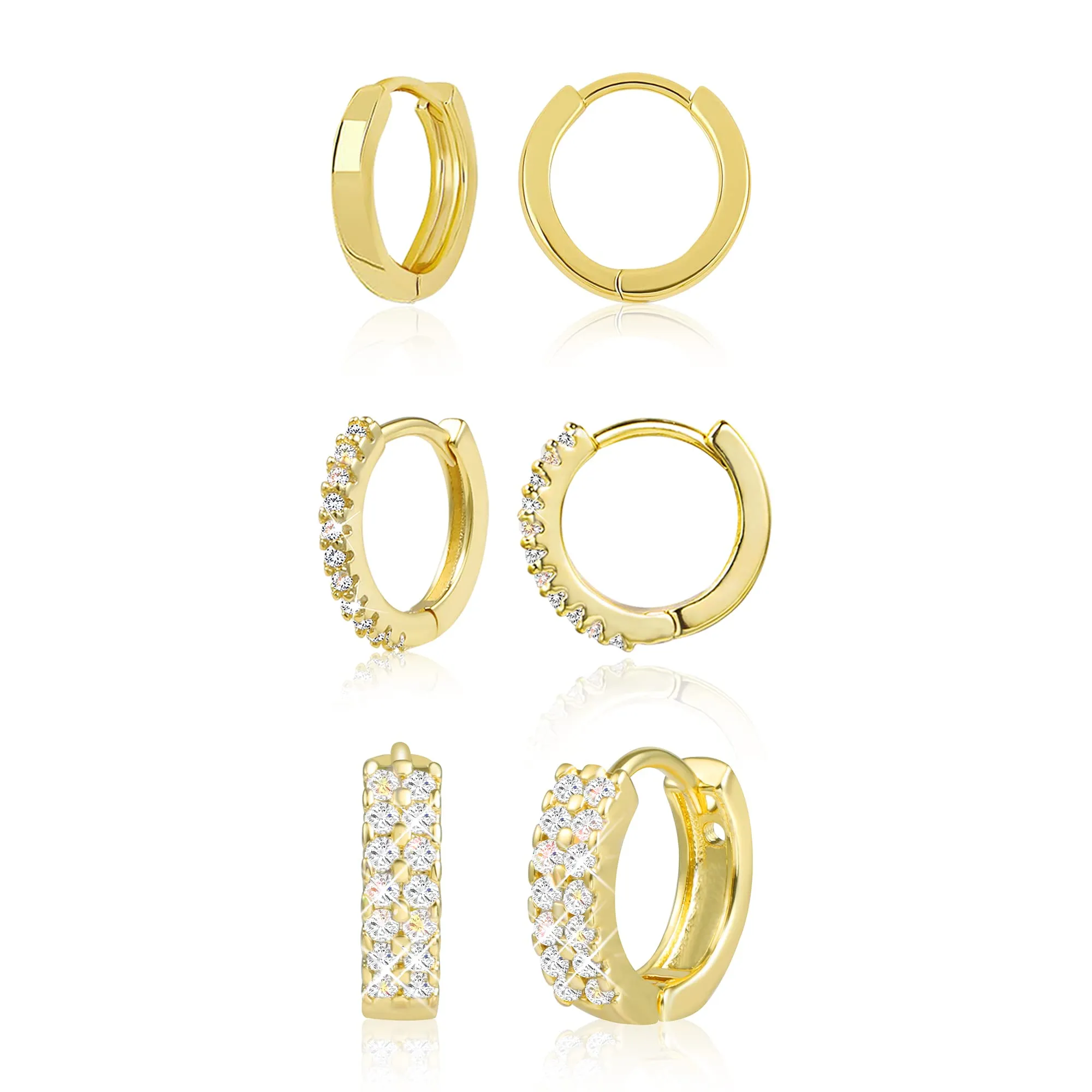 ALEXCRAFT 3 Paia Orecchini a Cerchio Huggie Oro 14K e Zirconi Misti - immagine 1
