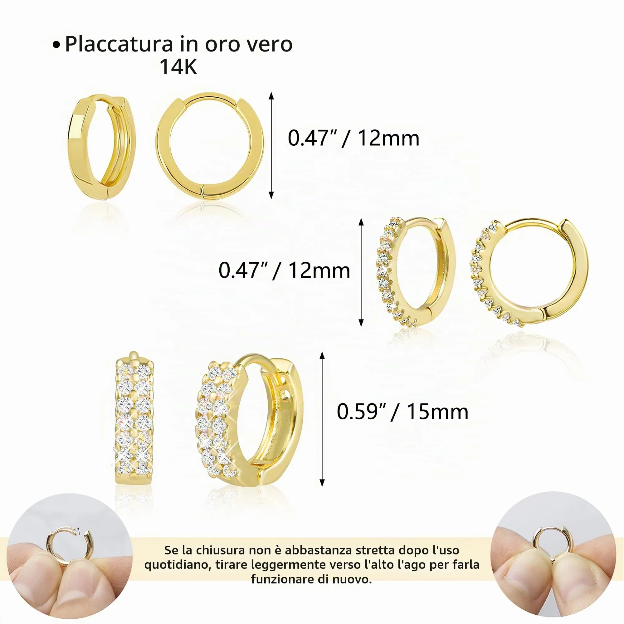 ALEXCRAFT 3 Paia Orecchini a Cerchio Huggie Oro 14K e Zirconi Misti - immagine 2